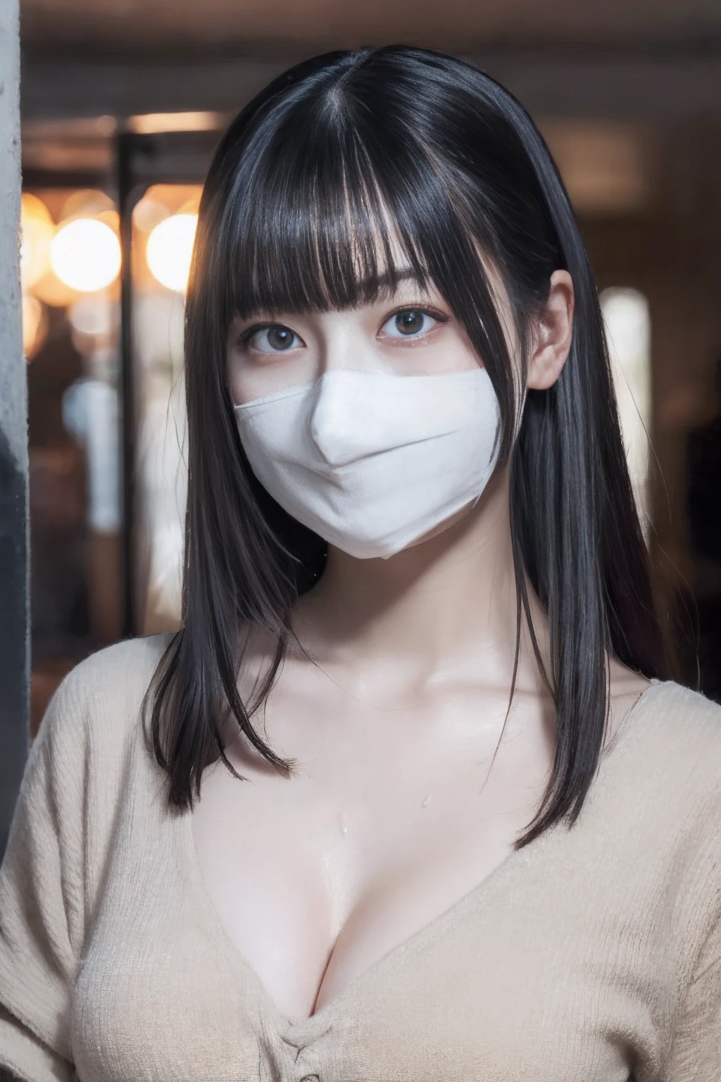 ulzzang -6500-v1.1, (Raw foto:1.2), (Photorealsitic:1.4), a beautiful detailed girl, extremely detailed eye and face, beatiful detailed eyes, Ridiculous, unbelievable Ridiculous, huge filesize, ultra-detailliert, hight resolution, ighly detailed, top-quality, masterpiece, illustratio, ighly detailed, unification, top-quality, Highly detailed ticker uniform 8K wallpaper, Light on the Face、电影灯光、((dynamicposes)))、(camel's toe), (Colossal tits)、((Wet with sweat:1.2)), ((black masks)),