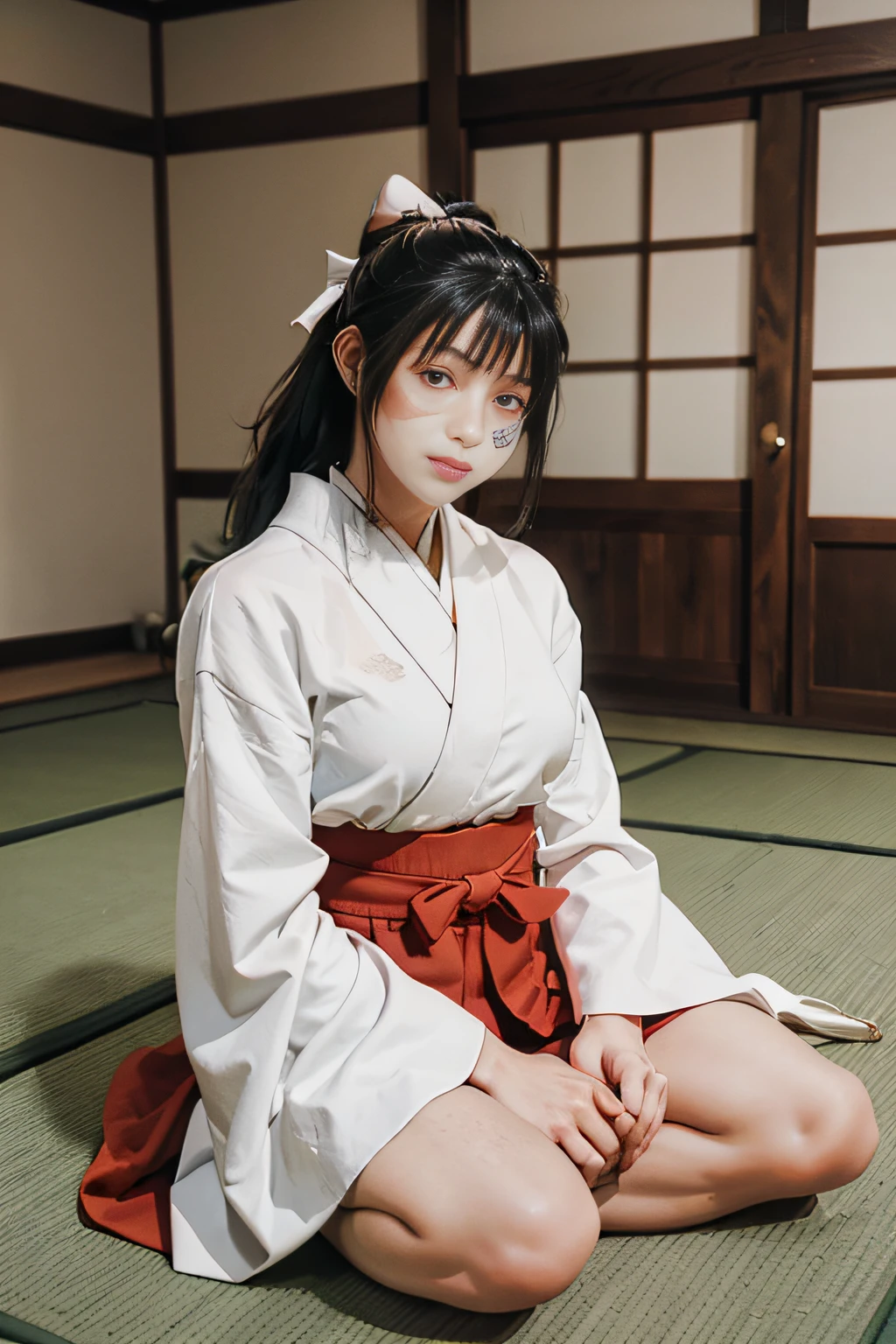 masutepiece, 1girl in, Long hair, Black hair, Solo, Bow, Hair Bow, looking straight, komono, Brown eyes, Scar, Kimono, (((((facial scar))))), Looking at Viewer , White kimono, Upper body, Pony tail, scar on cheeks, Skirt, Hakama, (((Hakama skirt))), ((Red Hakama)), white bow, Closed mouth, blush, Scars on the nose, bow ribbon, Long sleeves, Standing, Full body, long boots, Wide sleeves,Tatami mats,traditional Japanese room, Upper body, Smile, Sitting, Large breasts