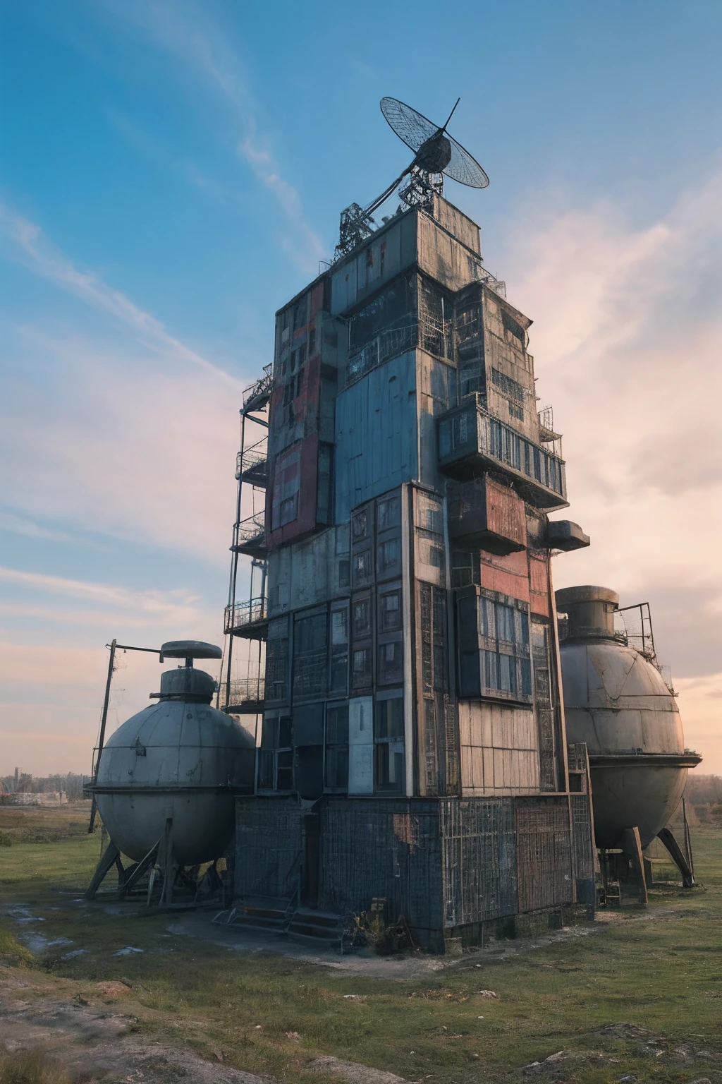 (masterpiece),(best quality),(cars:1.1),Container_building,wasteland,fantasy,surreal,
pov,Industrial punk, steam style, post-apocalyptic world,(tower:1.5),rocket on rooftop,helicopter,night,neon lights,