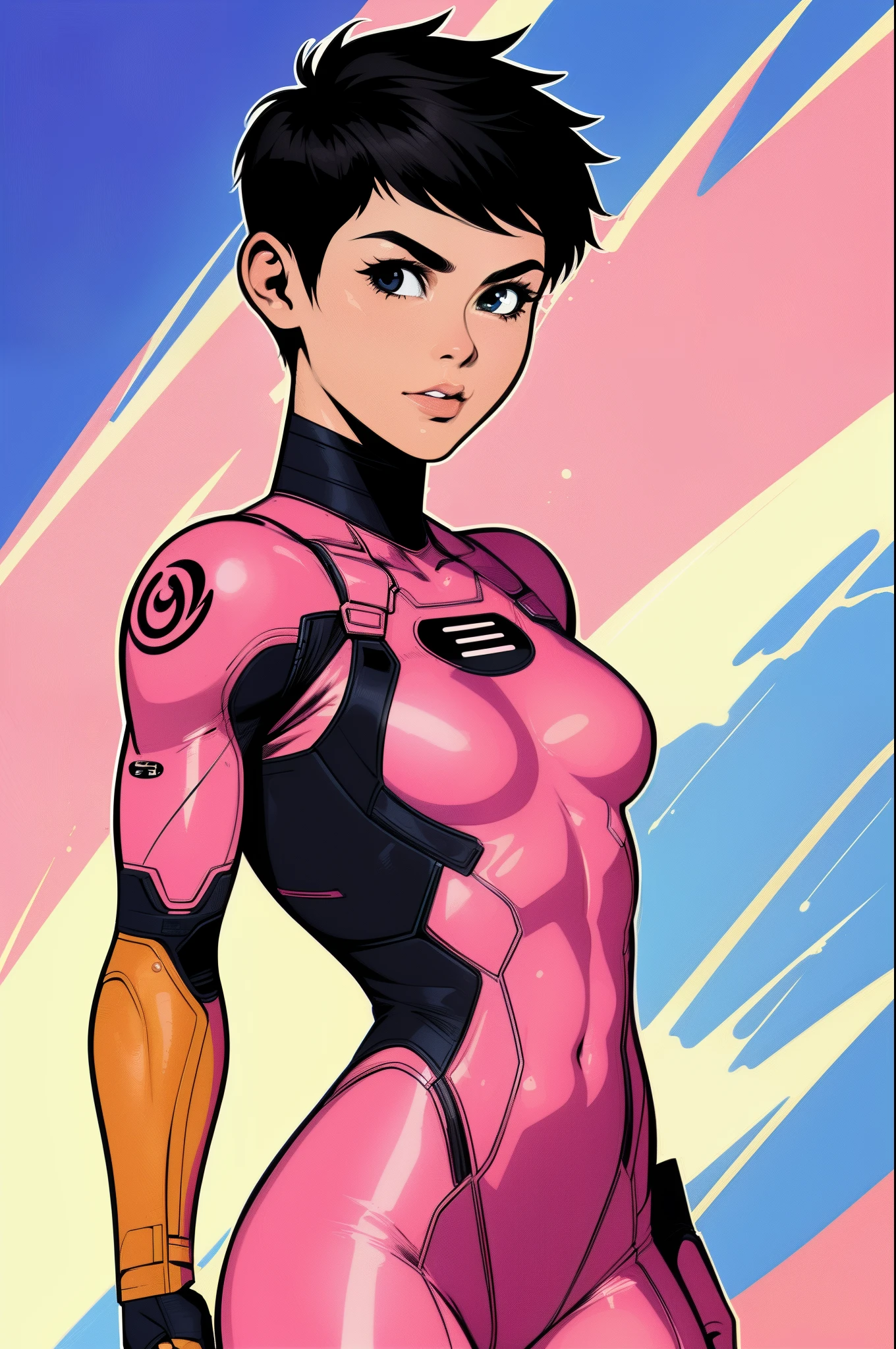 (inked original-art:1.2), (lineart:1.33), detailed face, best quality, masterwork, thick outlines, comic, 1girl, superhero, very short hair, black hair, tan skin, cowboy shot, fog, city, pink bodysuit, tomboy, pixie cut, solo, petite, small breasts, superhero,