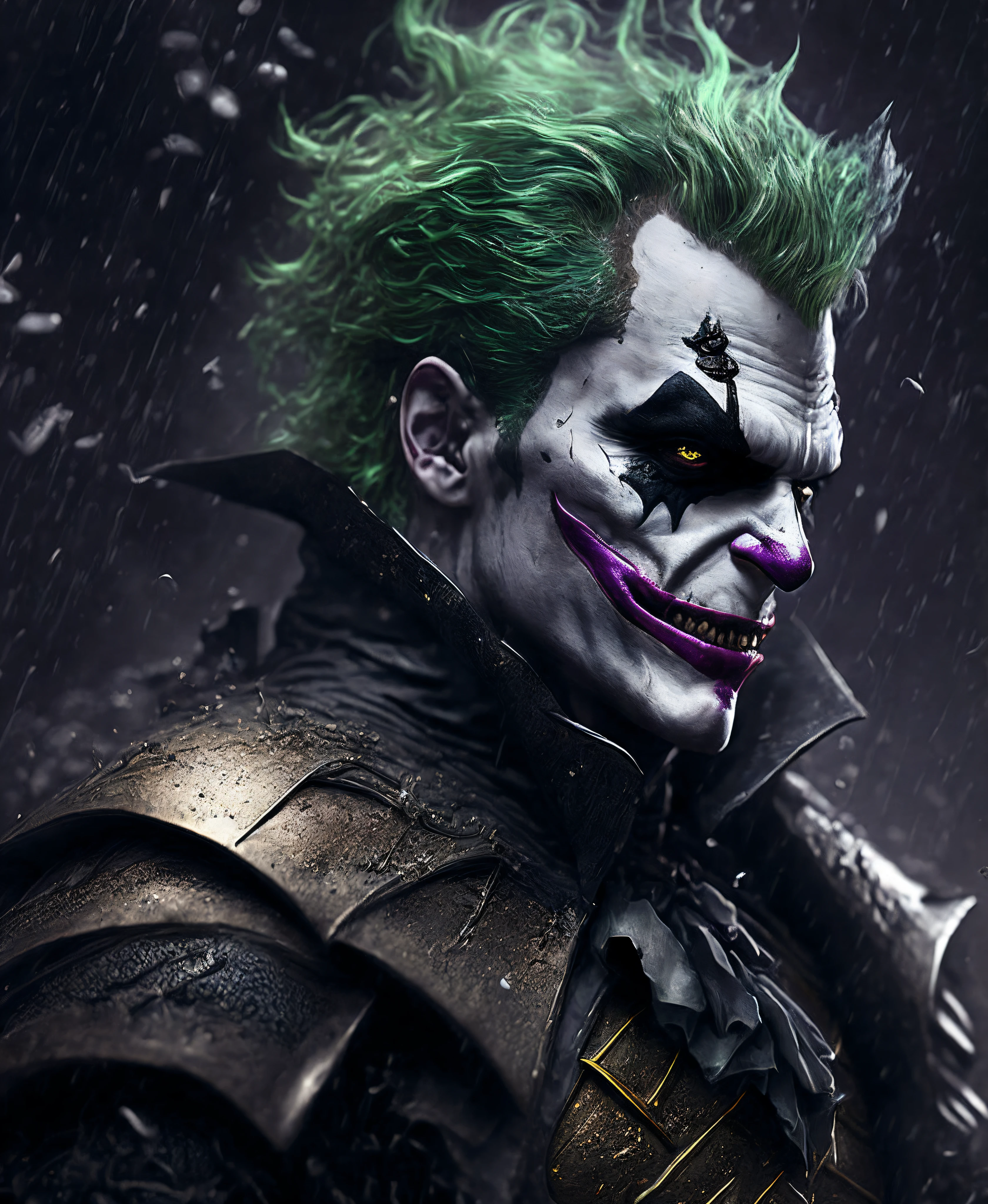 Close-up (Terminator Joker from DC in Viking style: 1.3) emerging from wet black mud, extremely detailed, smoke, sparks, metal shavings, flying debris, volumetric light