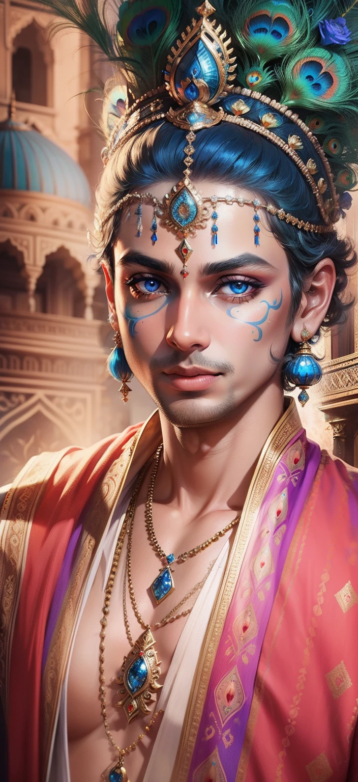 Lord Krishna peacock background realistic bule face Bule Eye, Ultra high quality HD