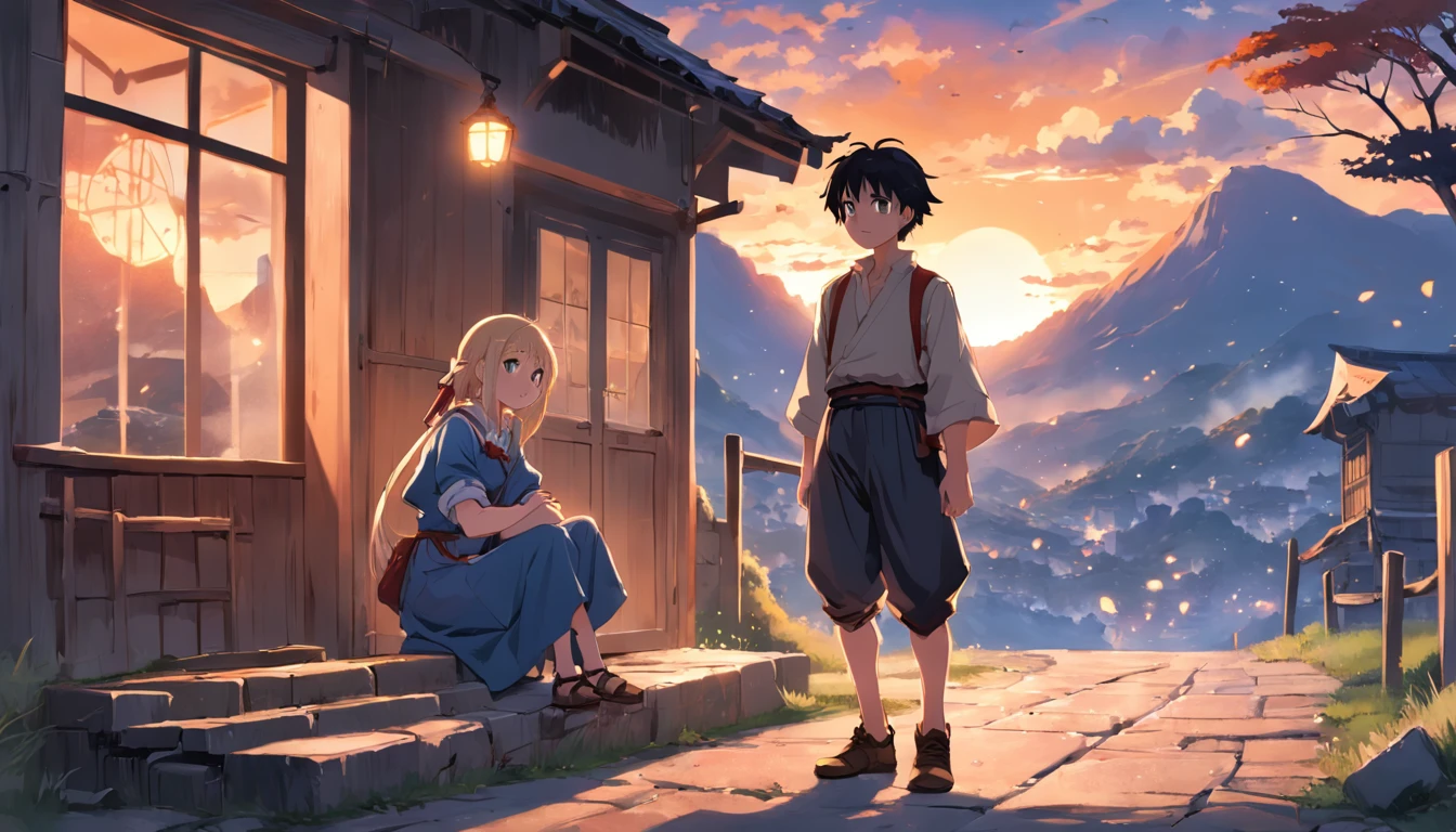 an adventurous peasant boy, with a sad countenance, and a young peasant woman, wearing shoes, In a shop, anime style, book cover style, the sunset as day gives way to night, a starry sky begins to rise above, surrounding image