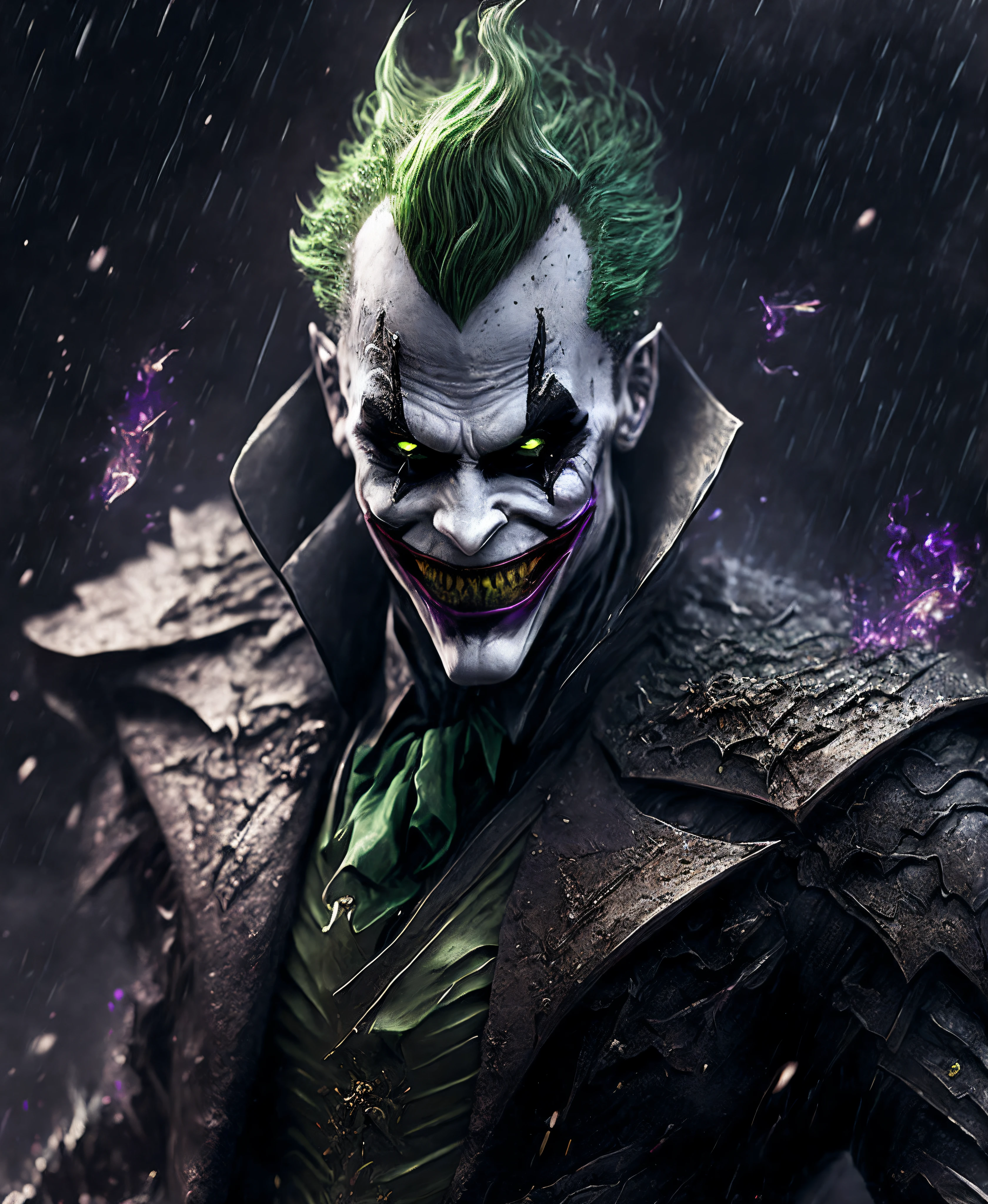 Close-up (Joker from DC in Goth style: 1.3) emerging from wet black mud, extremely detailed, smoke, sparks, metal shavings, flying debris, volumetric light