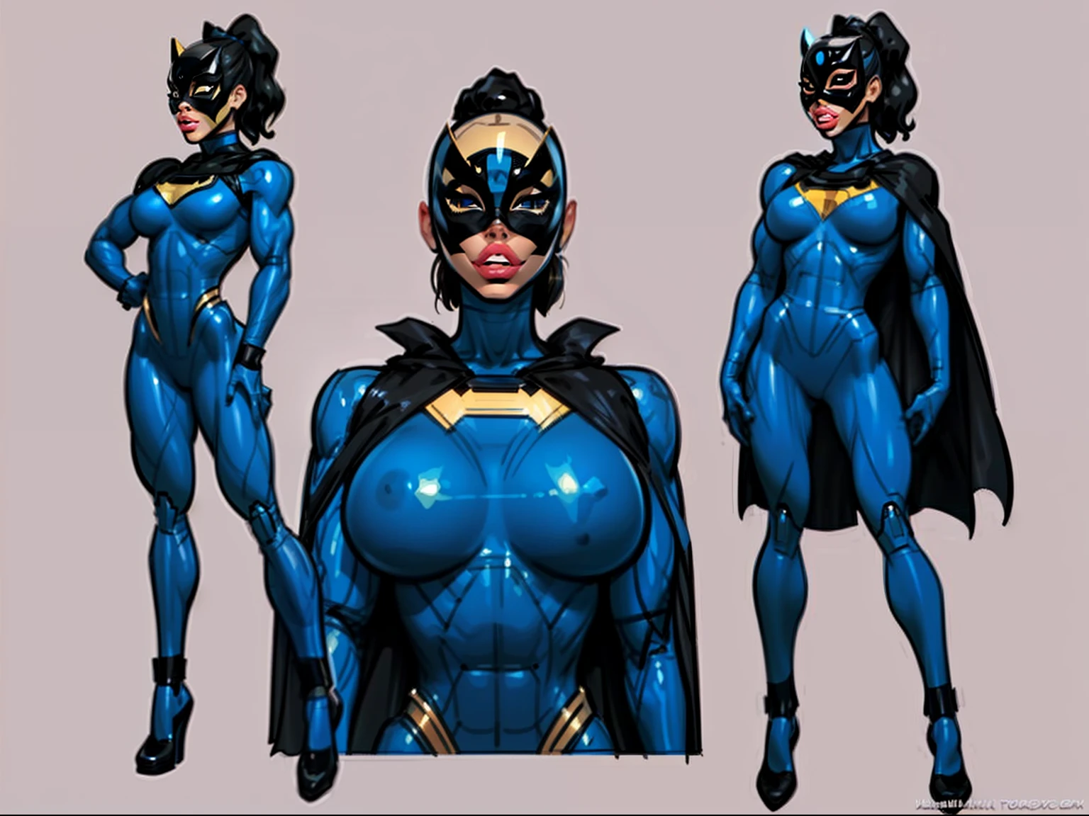 ((masterpiece)),(((best quality))),((character design sheet)), ((full body view)) illustration,1girl, muscular, ((blue bodysuit:1.6)), (masked over eyes:1.6) (black mask:1.6) superhero, (black ponytail:1.4), (puffy lips:1.6) (black cape:1.4) beautiful woman, (small breasts:1.3)(black legs:1.3)shiny skin, (gold emblem on chest:1.2),scribbles and marks, rough sketches, pose, 8k,16k, (simple background, white background: 1.3)(gigantic breasts:1.0)
