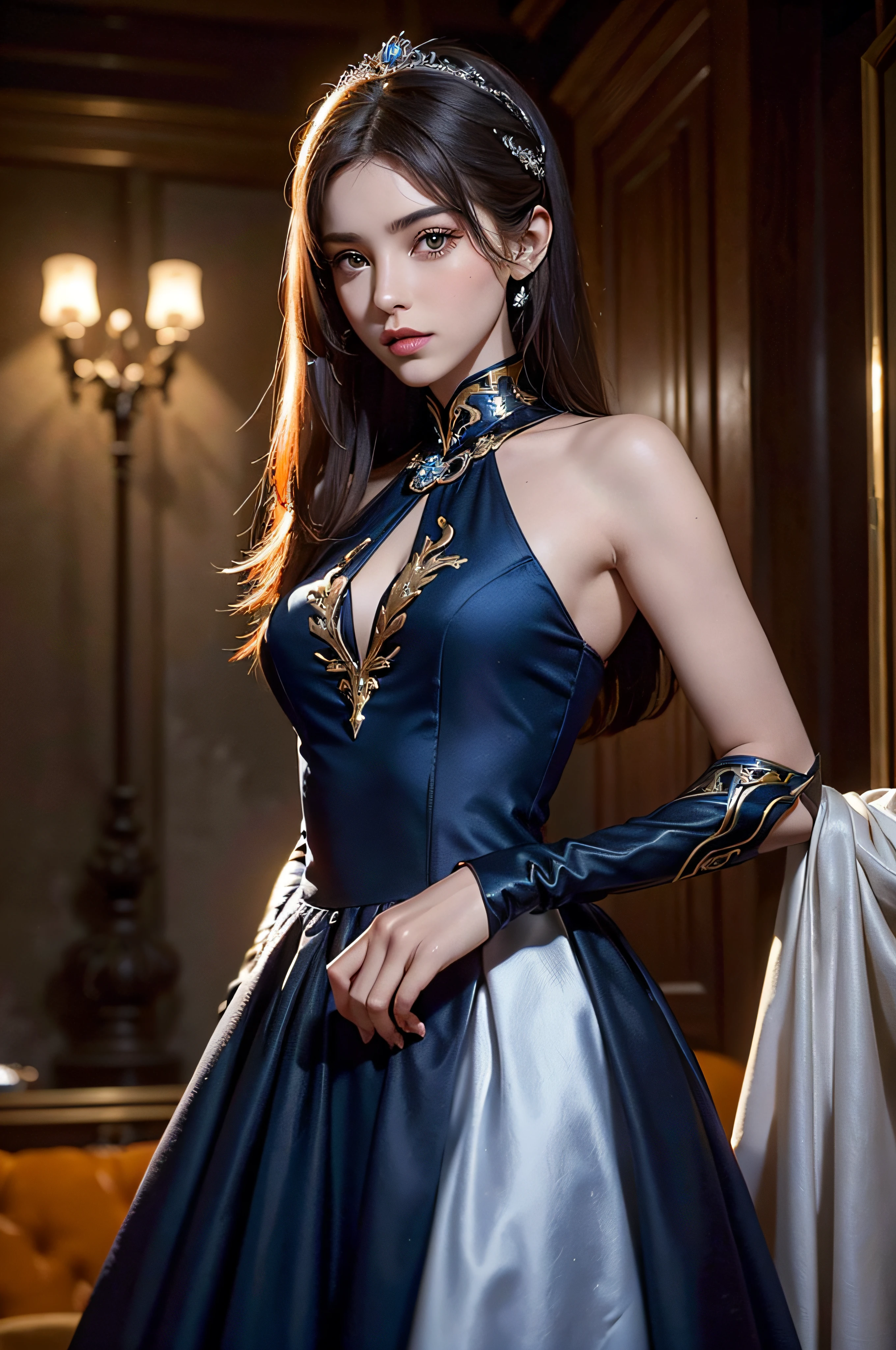 (((Wool Fabric Prom Dress in Orange Color))) , ((((cabelos marelos)))) , (((seios grandes, quadris largos, cintura fina, 16 anos)))     joias e colares de cabelo, Carinha bonita Sobrancelhas finas, The most beautiful and flawless face, os olhos muito bonitos, grandes olhos verdes redondos, Fine and detailed makeup eyelashes, nariz alto, usando brincos,small red lips, rosto rosado, Seios aumentados e redondos, seios apertados,   Retrato de uma menina bonita, Foto 8k, super alta qualidade, super realistic, 10x super pixels, foto realista, Dark Studio, luz de borda, luz de dois tons, (pele detalhada) High: 1.2), 8k UHD, DSLR, luz suave, alta qualidade, volumetric light, candid, fotografia, high resolution, Qualidade 4k, 8k, Bokeh, smooth and sharp, pixel para cima 10 vezes, (background space: 1.8), (galaxy: 1.7), aurora, lightnings, (Plano de fundo do Aurora: 1.8), parte superior do corpo, A duelista mais temida de toda Valoran, Fiora is renowned as much for its brusque manners and wit as it does for the speed of its steel rapier. Nascida na Casa Laurent no reino de Demacia, Fiora took control of his father's family in the wake of a scandal that nearly destroyed them. The reputation of Casa Laurent was tarnished, but Fiora goes to great lengths to restore the honor of his family and return them to their rightful place among the best of Demacia.