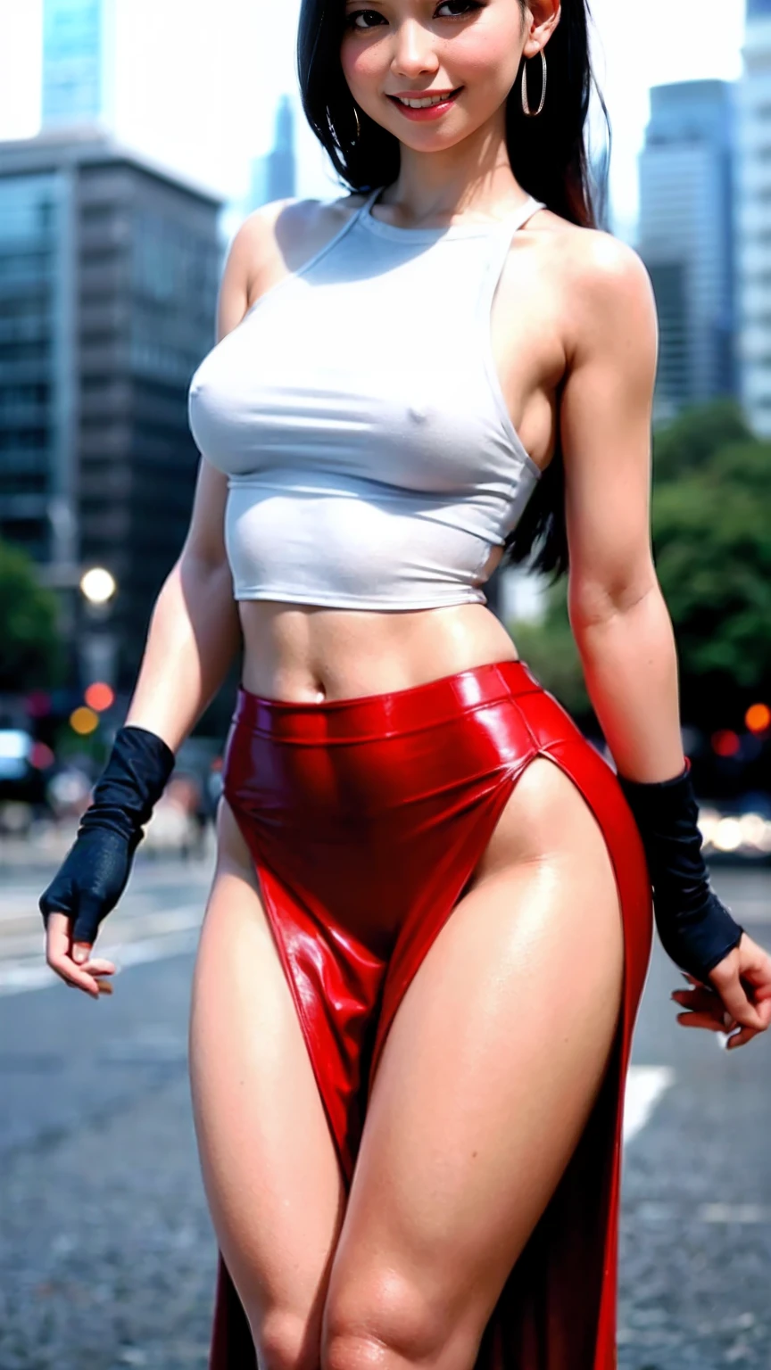 masterpiece, best quality, highres, (photorealistic:1.4), earrings, (depth of field:1.8), beautiful Korean girl, thigh gap, 1 girl, long hair, ponytail, (solo:1.1), red, (slit skirt curtain:1.5),(halter neck t-shirt), shinobi, ninja, bare shoulder, elbow gloves,  (looking at viewer:1.2), (smile:1.2), (full body:1.), (in the city:1.5), medium breast,  (pureerosface_v1:0.5),