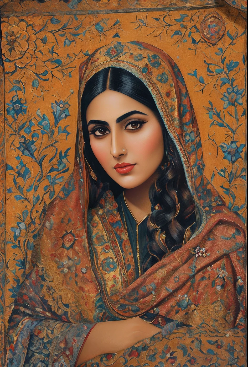 painting of a woman in a red and gold shawl, beautiful iranian woman, very beautiful portrait, qajar art, painting of beautiful, beautiful portrait of a woman, impossibly beautiful portrait, oil painting of realistic woman, in style of old painting, intricate beautiful painting, detailed beautiful portrait, masterpiece work of art, by Ambreen Butt, painting of a woman