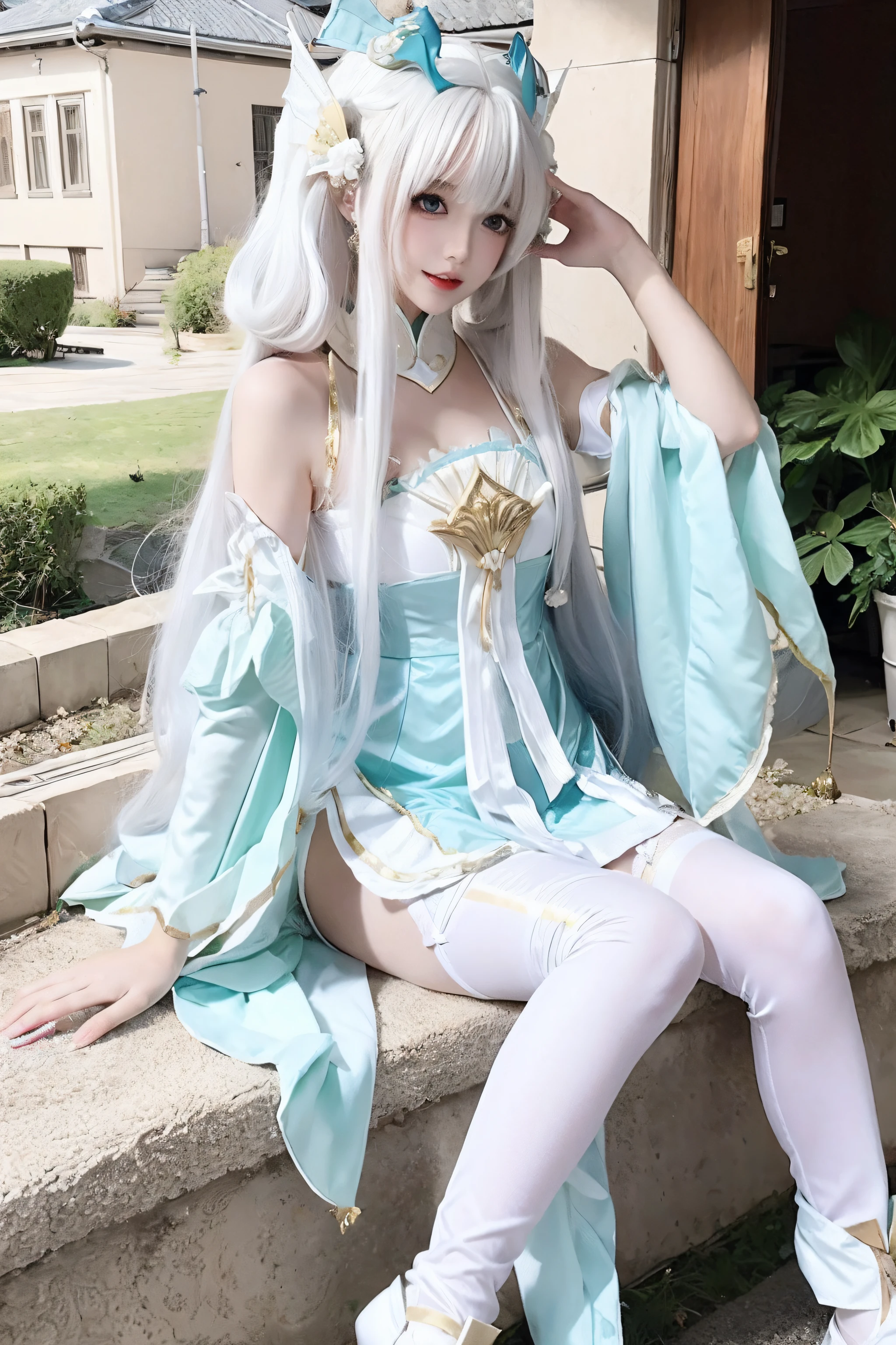 whaite hair,period costume,Royal Sister,Master,Sword Fairy,Ancient wind,Colorful manga style,((white stockings)),outside