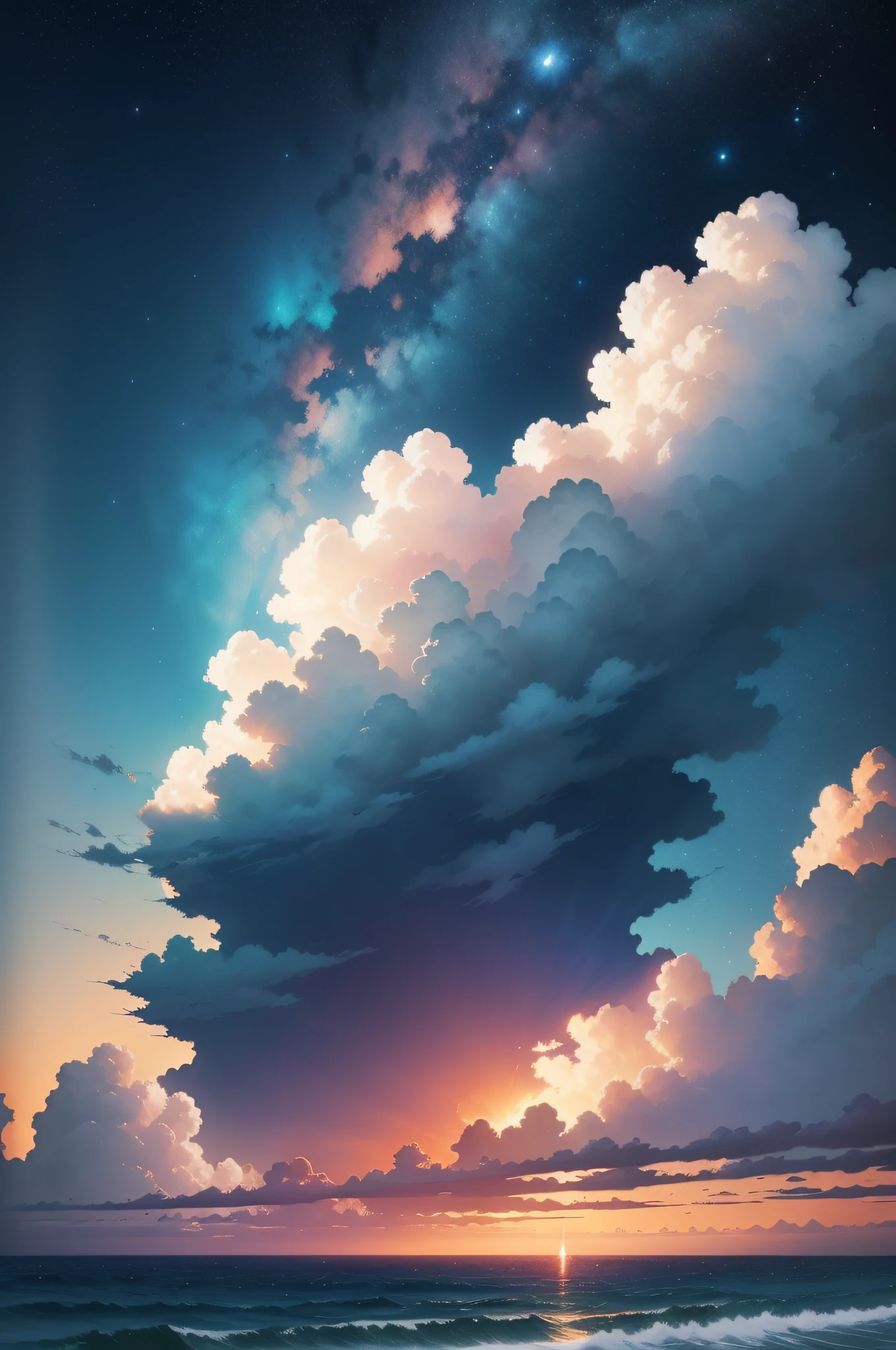 style of anime、The sky at sunset is covered with cumulonimbus clouds，The sky is a little bit of a milky way，Under the sky are Nordic taiga and snow-capped mountains