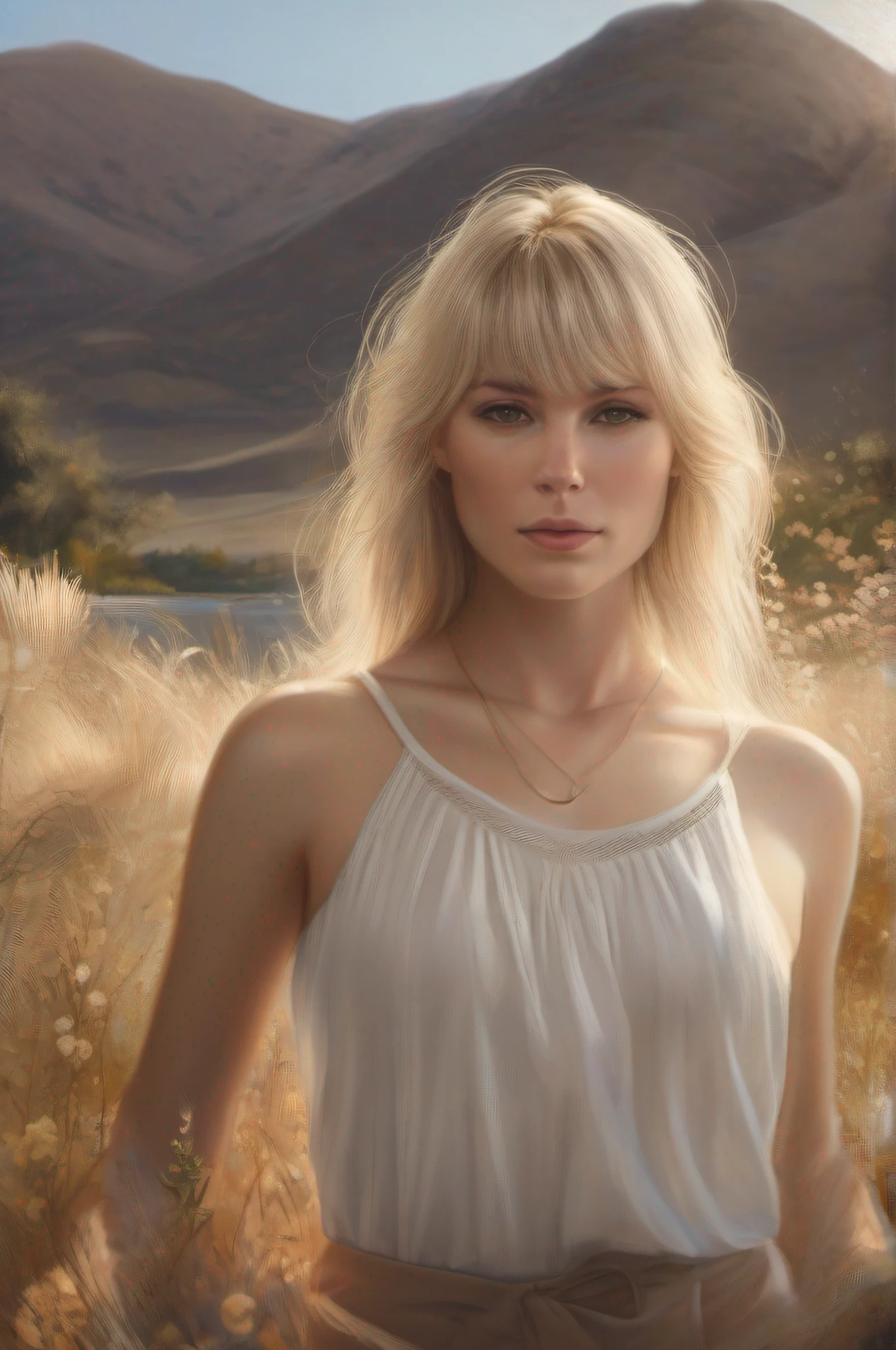 blonde, honey-colored eyes, serene, calm, facing front, portrait, white T-shirt, beautiful woman, 30 years old, hair straight and loose, hair back, hair with bangs, hands behind her body, outside border, Social realism, Realism, drop shadow, UHD, masterpiece, anatomically correct, super detail, high details, high quality, best quality, highres, 8k