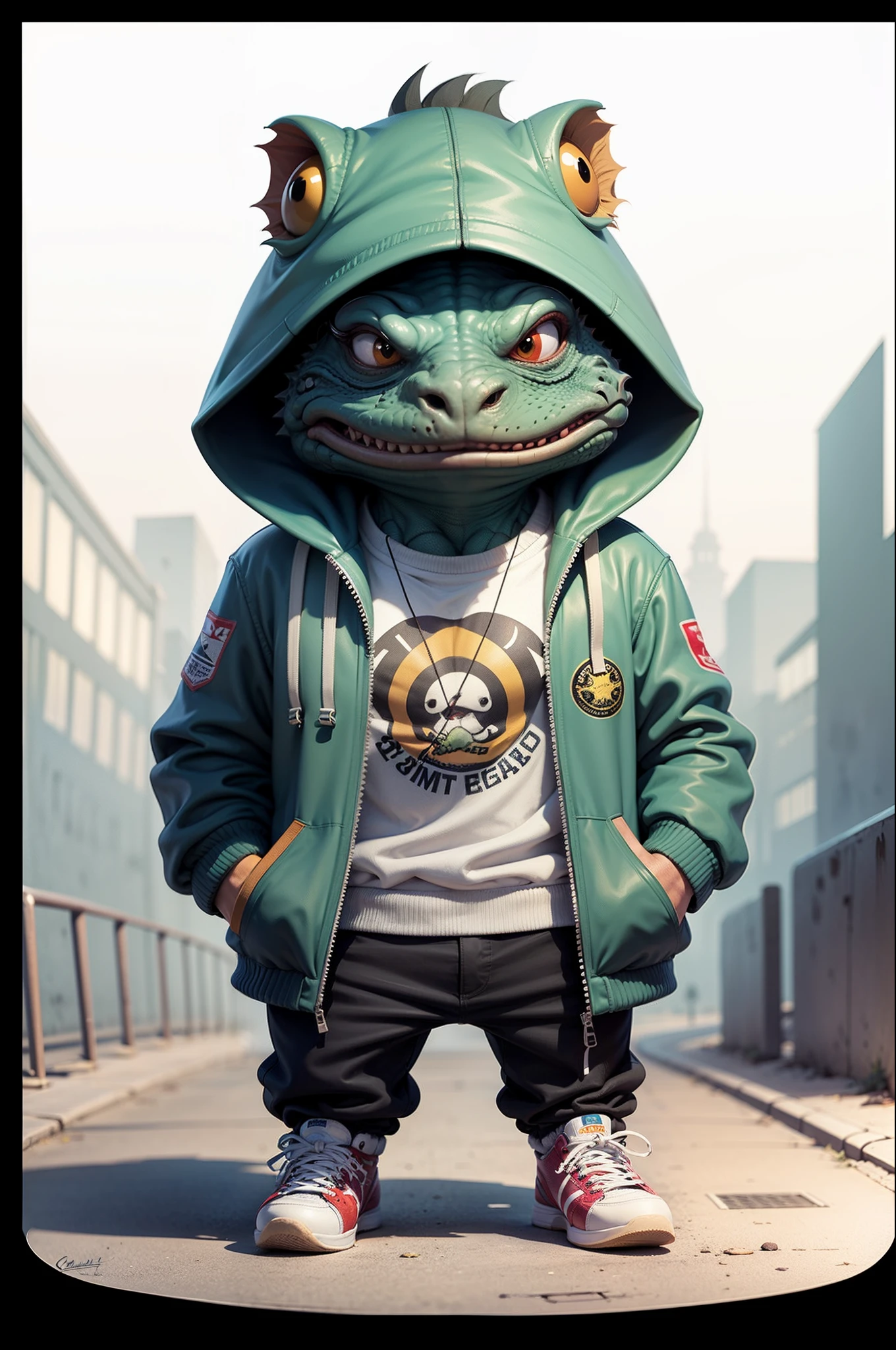 C4tt4stic, Cartoon iguana in jacket and skateboard, Sunglasses,