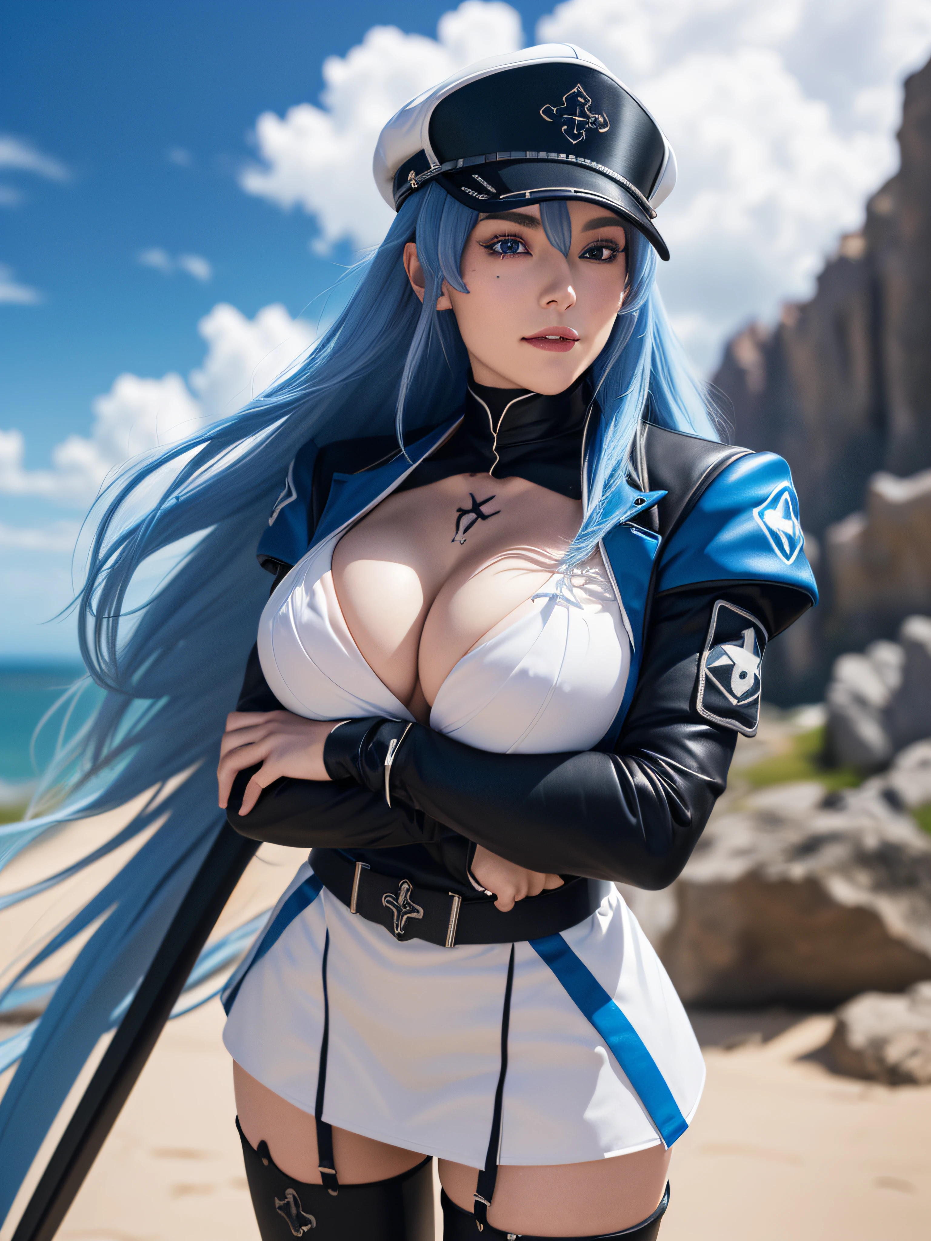 esdeath, 1girl, solo, long hair, breasts, smile, blue eyes, large breasts, thighhighs, hat, cleavage, very long hair, blue hair, weapon, boots, sky, sword, cloud, uniform, zettai ryouiki, military, military uniform, tattoo, thigh boots, crossed arms, white footwear, peaked cap, chest tattoo (masterpiece:1.2), (best quality), (ultra detailed), (8k, 4k, intricate),(full-body-shot:1), (highly detailed:1.2),(detailed face:1.2), (detailed background),detailed landscape, (dynamic angle:1.2), (dynamic pose:1.2),