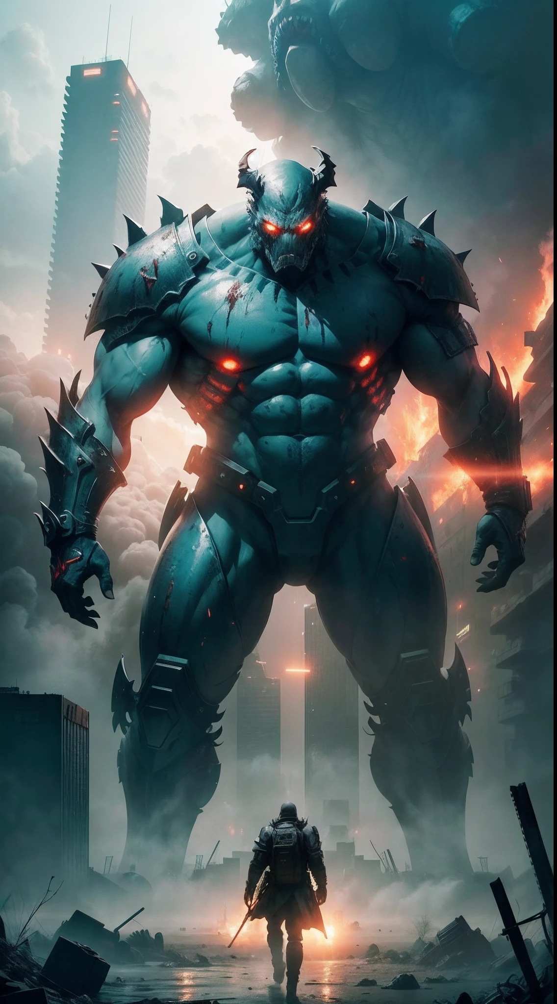 Best Quality, masutepiece, Ultra-high resolution, 3 super-huge and ferocious monsters(Giant Soldier),Hidden in thick fog,Realistic style,terrifying atmosphere,bloody red eyes, broken streets, Broken city, the ground is covered with gravel, Scattered with coral reefs,sea surface,New Tokyo sunk into the sea,Japan Invaders, Tokyo Landmark,Hopeless doomsday,8K, Cinematic scenes, Perspective from above (light and shadow effect),(depth of field effect),(Tyndall),(Optical particle tracking),(nffsw),(Horror movie lighting visuals),(voluminetric lighting),(Bright colors),Sea behemoth,An abandoned city stained by the sea