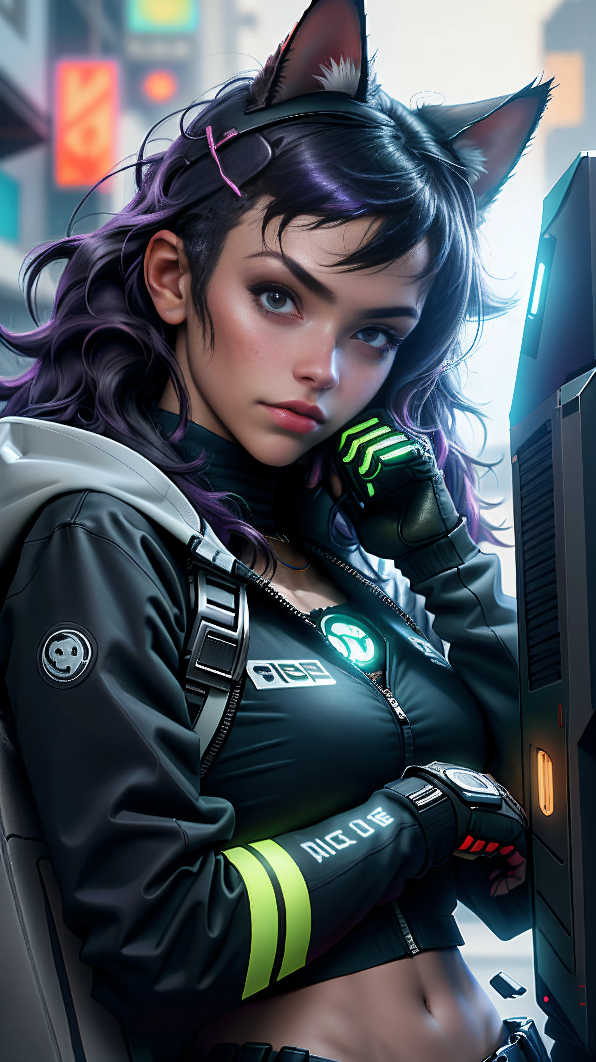 Cyberpunk neko catgirl with portrait photography of cyberpunk prosthetics, orelhas de gato, technological jacket, seios grandes, cabelos longos, ((pose sentada)), ruas da cidade cyberpunk, Futuristic style, scientific fiction, hiper detalhado, fotorrealismo, hiper realismo, Pintura, 8k, disco Rigido, super resolution , Cinematic lighting, luz e sombra contrastantes, 8k, disco Rigido, Super-Resolution, forte profundidade de campo
