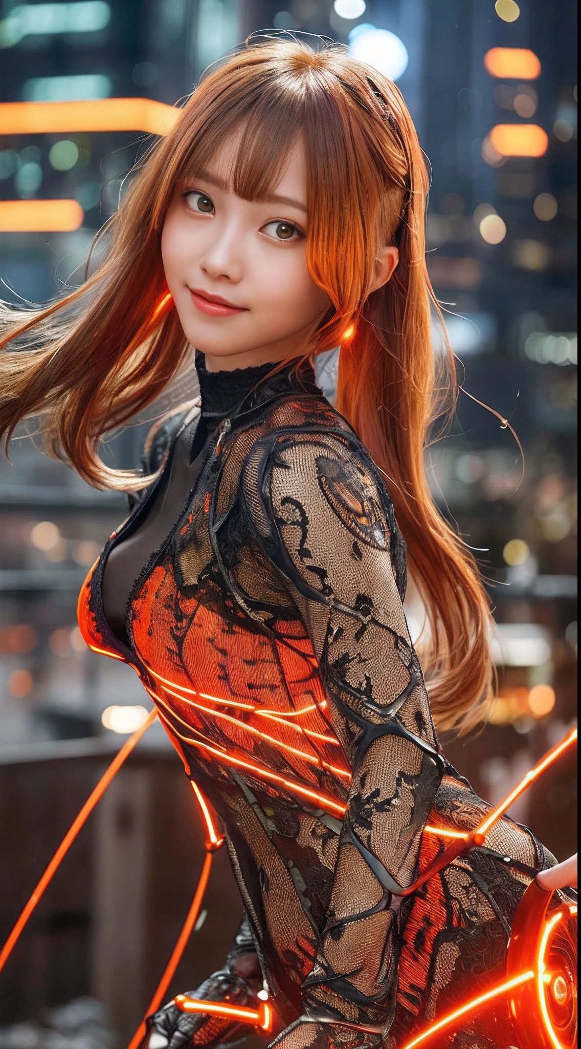 Cybernetic arm and glowing cyber girl,(Sheer and revealing costumes:1.3, )Stand on a post-apocalyptic battlefield cityscape.Surrounded by a network of wires. Surrounded by a web of circuits. (Cyber Girl with Orange Glowing Sword:1.3), Glossy light brown and orange striped shorthair,Cute smile,Perfect round face,A cheerful smile that makes the viewer happy,Proper body proportion,masutepiece,Super high-quality output images,hight resolution,Intricate details,Very delicate and beautiful hair,photos realistic,Dreamy,Professional Lighting,realistic shadow,Solo Focus,Beautiful hands,Beautiful fingers,Detailed finger features,detailed clothes features,Detailed hair features,detailed facial features,