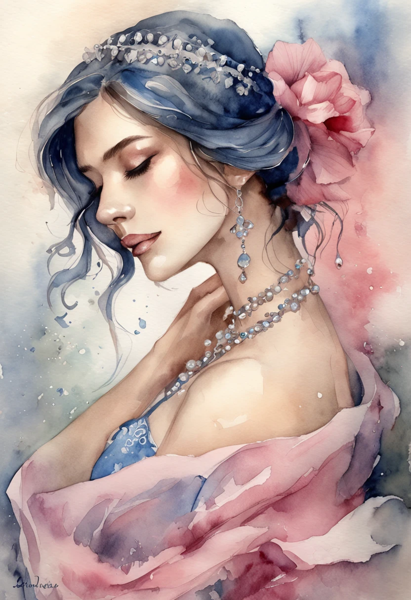 melhor qualidade， tmasterpiece， ultrahigh-resolution, Close-up of a woman in a flowing blue-pink gauze dress, close-up por todo o corpo, sexy para, ombros cortados, menina adolescente bonita, uma bela imperatriz fantasia, ethereal beauty, linda donzela fantasia, deusa bonita, ((uma bela imperatriz fantasia)), Fantasia Oriental, Ethereal Fantasy, cenas detalhadas, awesome pose, Attractive accessories, Pitoresco