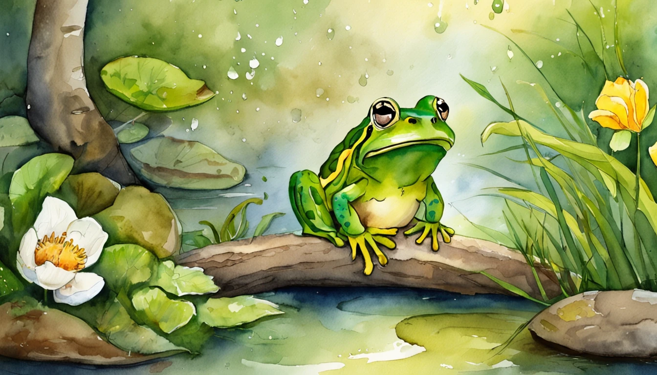 Oi IA, Create images for a fable. I need a frog, The lying frog telling lies in the swamp to other animals