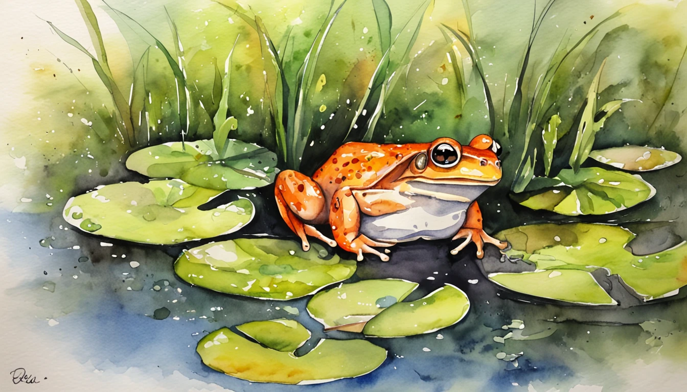 Oi IA, Create images for a fable. I need a frog, The lying frog telling lies in the swamp to other animals