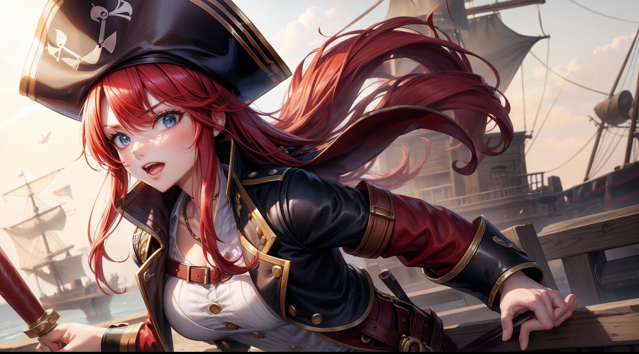 Ginger woman,1girll, freckles,28 year old,Red hair,double tails, Practical pirate clothing, (Long-sleeved pirate top), Skirt,Torn pirate hat, view the viewer, fantasy,Cinematic lighting,Masterpiece,