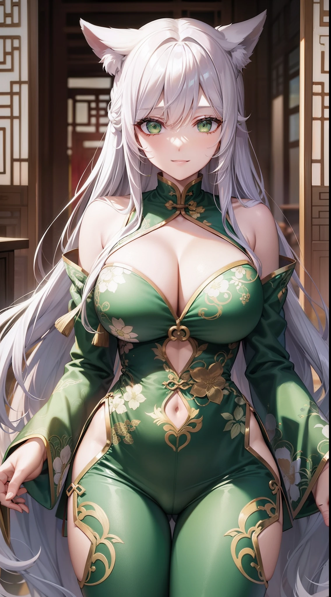 Adult Woman, long white hair, Green eyes, Green Chinese Tight Top, Beautiful patterns of China, Chest neckline, opened breast, Baggy pants, Gold Element, ssmile, masutepiece, hiquality