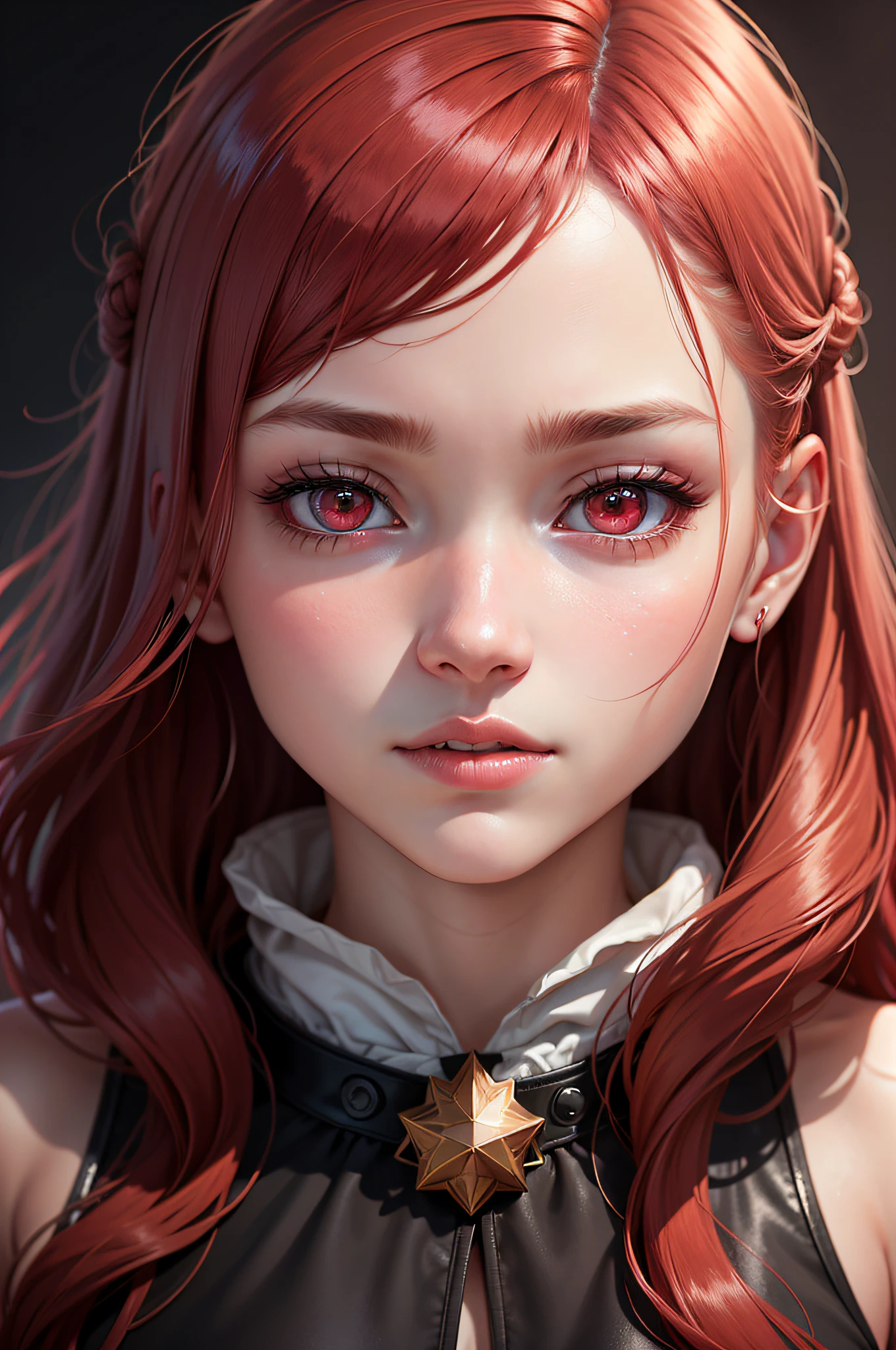 1girl, star eye, blush, perfect illumination, red hair, red eyes, unreal engine, sidelighting, detailed face, bangs, bright skin, simple background, dark background,