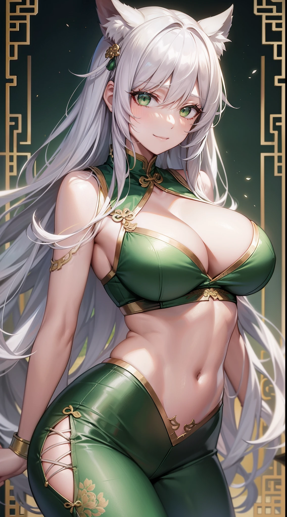 Adult Woman, long white hair, Green eyes, Green Chinese Tight Top, Beautiful patterns of China, Chest neckline, opened breast, Baggy pants, Gold Element, ssmile, masutepiece, hiquality