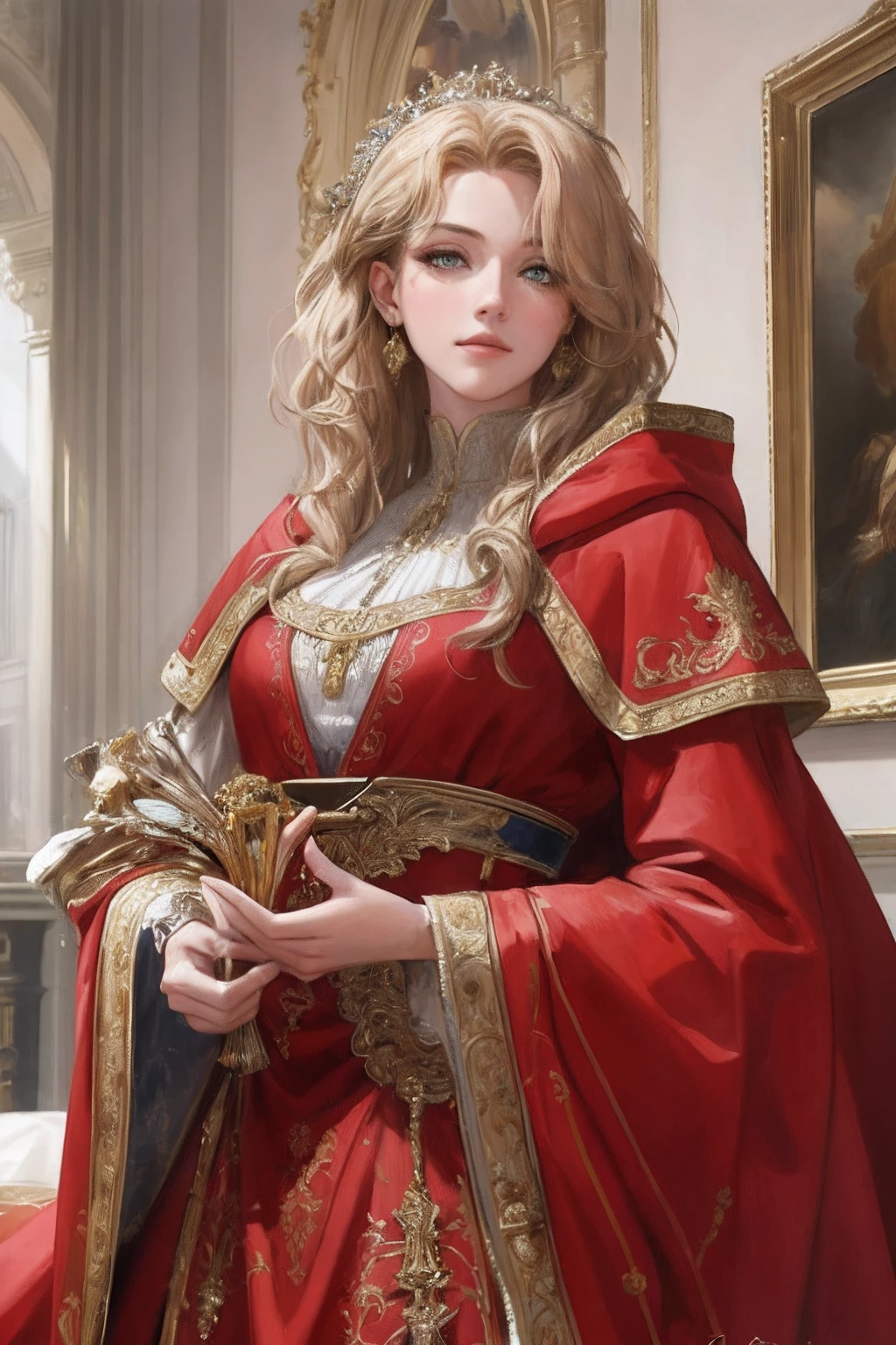 (masterpiece:1.2, best quality), realistic, (real picture, intricate details, depth of field), Best quality, masterpiece, highly detailed, semi realistic, 1 girl, mature female, 21 years old, with short golden hair, left eye covered by hair, blue eyes, king's clothing, red cloak, slim figure