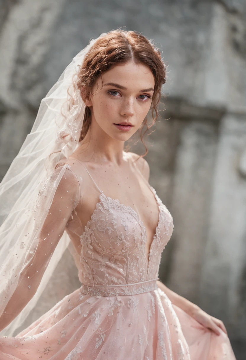 (Full body photograph of 1 white girl with freckles on her face and curly hair wedding dress with large transparent veil and pink dress + suave e delicado + cabelos loiros)+(Vestido longo em cores brilhantes, Luz brilhante, Cabelo loiro longo e liso + Olhos brilhantes e acolhedores)+(pink petals + Brisa suave + with blue sky and white clouds + Bosques verdes e floridos)