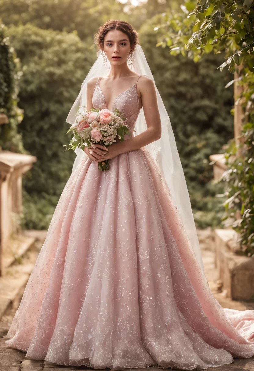 (Full body photograph of 1 white girl with freckles on her face and curly hair wedding dress with large transparent veil and pink dress + suave e delicado + cabelos loiros)+(Vestido longo em cores brilhantes, Luz brilhante, Cabelo loiro longo e liso + Olhos brilhantes e acolhedores)+(pink petals + Brisa suave + with blue sky and white clouds + Bosques verdes e floridos)