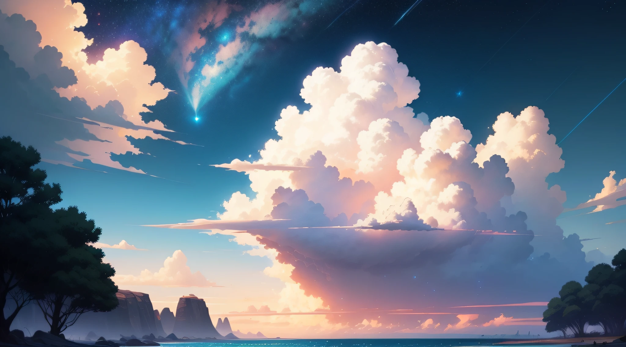 There is a picture of the sky,There are clouds and stars,Space sky。Authors:Shinkai sincerely、Anime Sky、Anime Cloud、Blue Ocean。Shinkai sincerely,style of makoto shinkai,style of makoto shinkai,Lost Land。Inspired by landscape backgrounds,Shinkai sincerely,Shinkai sincerely。- H 2160,夏天,Makoto Shinkai Concept Art,Tumbler,magic realism,Beautiful anime scenes,Beautiful sky。Shinkai sincerely,(By Shinkai Makoto)),Anime Background Art,anime backgrounds,style of makoto shinkai,anime movie background,mare,no man、No humans、No people、