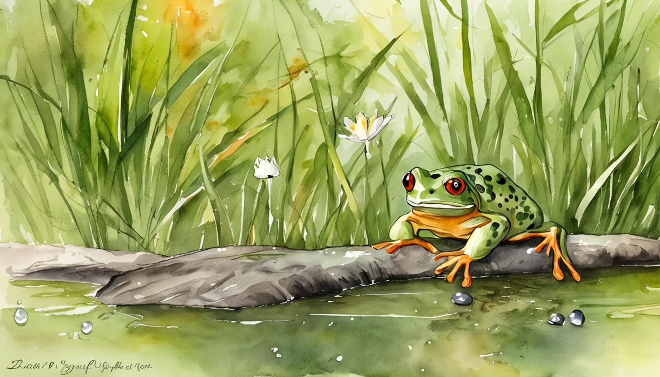 Oi IA, Create images for a fable. I need a frog, The lying frog telling lies in the swamp to other animals. I need a frog, uma lebre, um corvo e um sapo nesta imagem