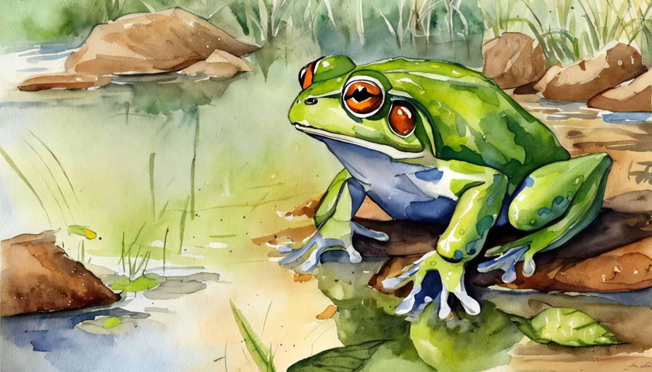 Oi IA, Create images for a fable. I need a frog, The lying frog telling lies in the swamp to other animals. I need a frog, uma lebre, um corvo e um sapo nesta imagem