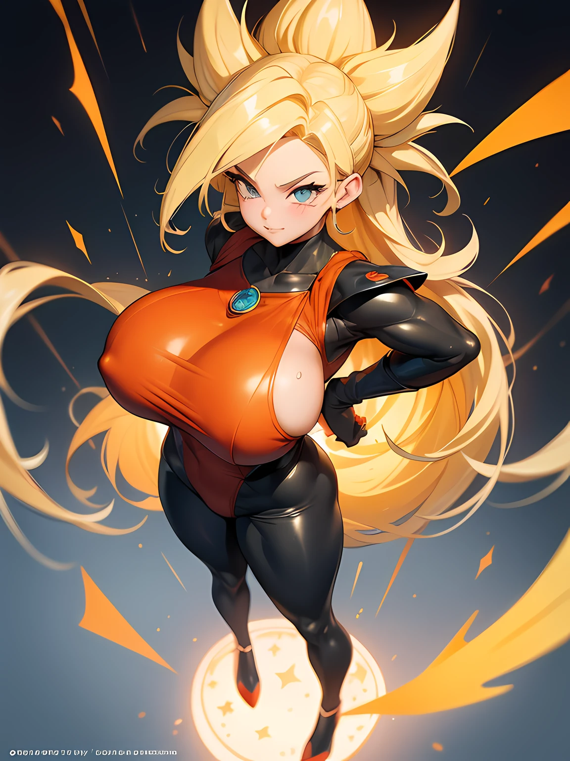 {((Full body photo,pied plat,Redressez-vous,Style anime Dragon Ball)},{((La Lora/Femelles,,extremely beautiful)},{(((Elle porte Super Super Saiyan+Les Super Saiyans portent instinctivement le costume du Roi Singe+The body is extremely tight))}。{Chez les futuristes}。{She was sweating both in her clothes and in her body.};{(elle regarde le spectateur,Souriant,et serrez le poing,Focus the aura of magic on his hand,In a frontal attack posture)}。Anime Dragon Ball, high details, Anime Big Breast, 16k, UHD, Retinas, Retinas, vers, anatomie correcte, texturepeau, super detail, highly quality, award winner,gros seins, big breast, kunaboto, gigantic breast