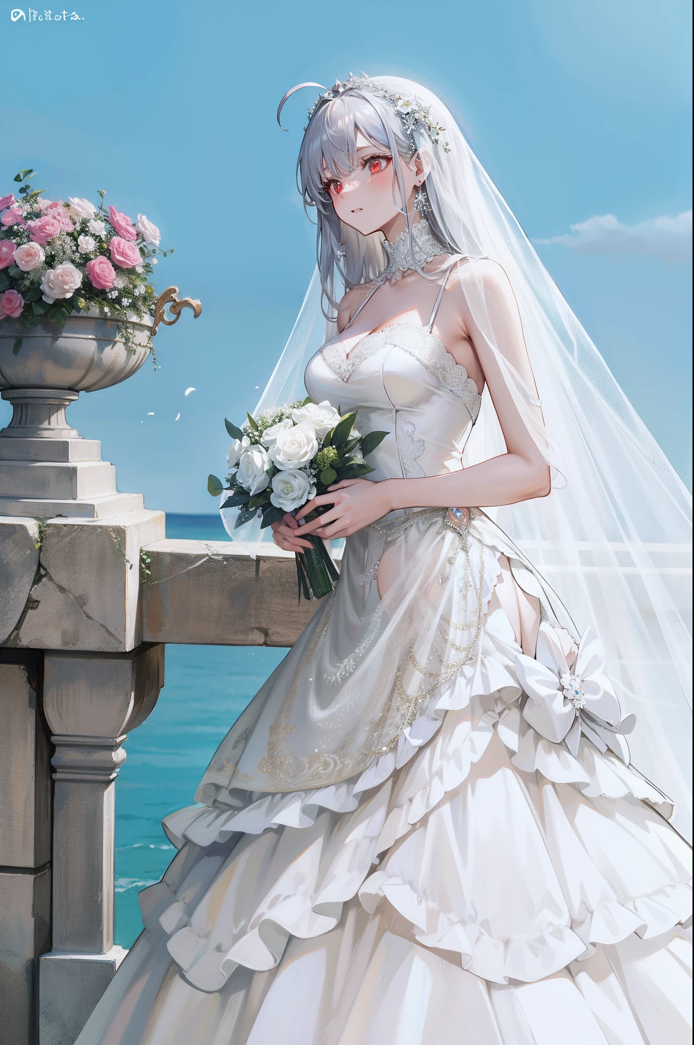 masterpiece,(bestquality),highlydetailed,ultra-detailed,romantic, elegant, ethereal, soft, delicate,1girl,bishoujo,stare,red eyes,beautiful detailed eyes,long hair,white hair,silver_hair,Wing-like bangs，Dull hair,ahoge,Hair rings,braid, cold, (bridal bouquet:0.8), (lace:0.7), (pearls:0.5), (crystals:0.3), (fine embroidery:0.5), (dreamy:0.8), (fairy tale:0.8), (sparkling:0.6), (flowing veil:0.7), (subtle makeup:0.5), (dainty jewelry:0.4), (high heels:0.6)，wedding dress, bridal dress,(PureErosFace:0.5),,wedding_dress,bare_shoulders,gothic，
