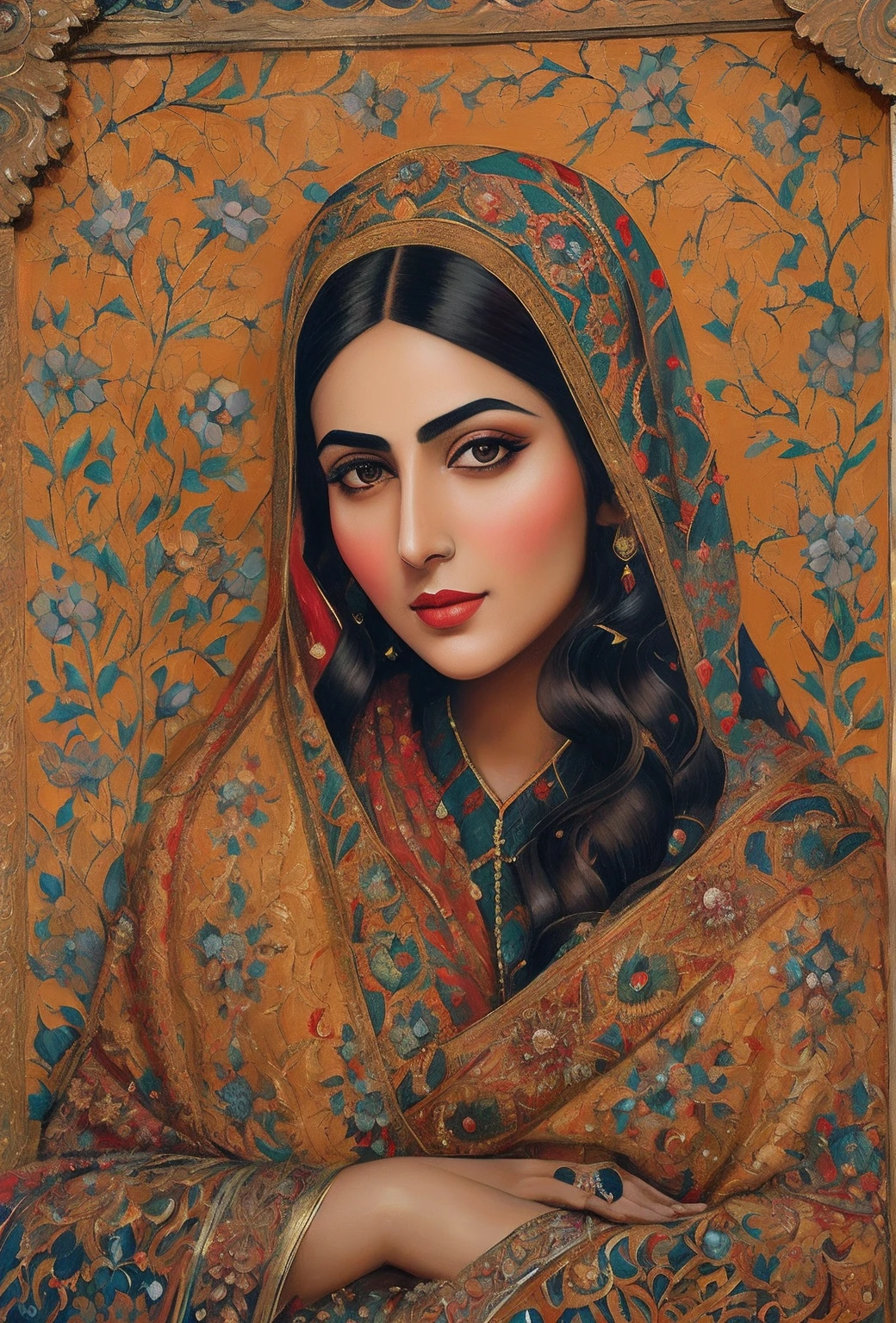 painting of a woman in a red and gold shawl, beautiful iranian woman, very beautiful portrait, qajar art, painting of beautiful, beautiful portrait of a woman, impossibly beautiful portrait, oil painting of realistic woman, in style of old painting, intricate beautiful painting, detailed beautiful portrait, masterpiece work of art, by Ambreen Butt, painting of a woman
