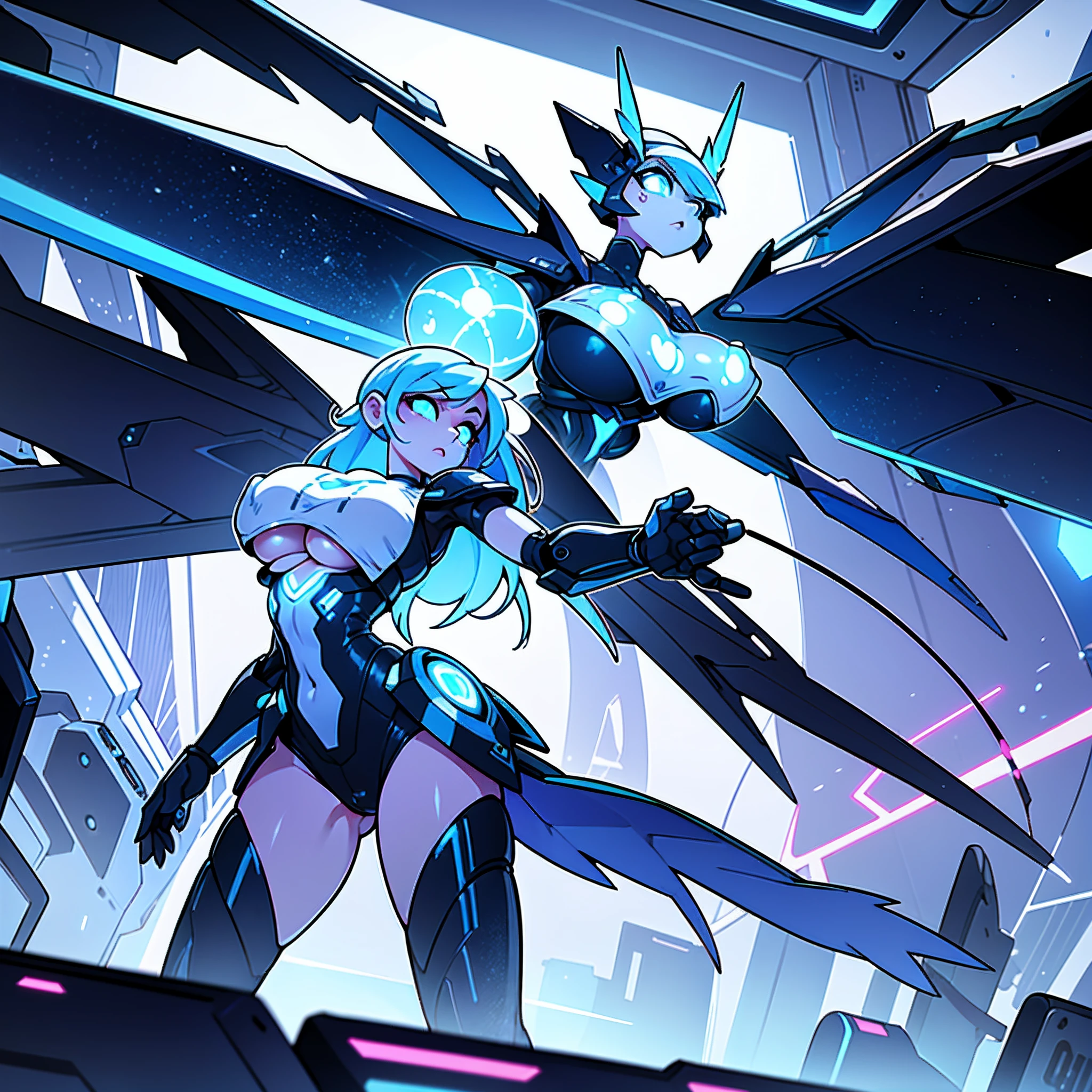 a beautiful and dangerous world, a world in the clouds, a white world, techno heaven. Describe the visual elements of a cloud inspired world were everything is white with colors as lighting, including the use of neon lights, glowing lines and shapes, and the distinctive blue and white color scheme. combine, futuristic, technological, details, enhancements, aesthetic, visuals, elemental, virtual reality, digital realm, sexy and beautiful, elegant and mysterious, dangerous and deadly. two characters, (a cyborg girl (huge boobs:1.2)), (blue harpy robot (huge boobs:1.6))