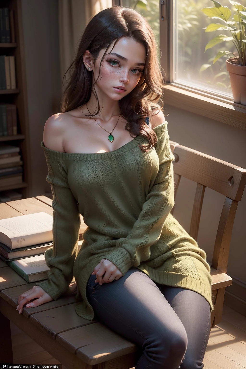 Male Student: The male student sat at a small wooden table tucked away in a cozy corner of the library. He had a lean build with tousled dark hair that fell gracefully over his forehead and slightly brushed his piercing green eyes. His face bore a hint of stubble, giving him a rugged yet sophisticated look. He wore a moss green knitted sweater that clung comfortably to his broad shoulders, accentuating his athletic physique. Pairing it with dark green slim-fit jeans, his long legs were elegantly crossed as he leaned back in the chair, engrossed in a thick novel. A pair of worn-out leather boots completed his ensemble, exhibiting a well-traveled soul.
Female Student: Meanwhile, the female student occupied a quiet spot near the large windows, allowing the soft sunlight to envelop her. Her radiant emerald green eyes sparkled with intelligence as she delved into her textbook. Cascading waves of chestnut brown hair cascaded down her back, framing her delicate face with a rosy complexion and freckles dusting her cheeks. She wore an enchanting forest green dress that accentuated her graceful figure, subtly hugging her curves. The delicate lace at the neckline added an air of elegance, while her emerald green pendant necklace complemented her attire flawlessly. On her feet, she wore a pair of comfortable green ballet flats that allowed her to move freely through the library’s aisles, always ready to explore new knowledge.