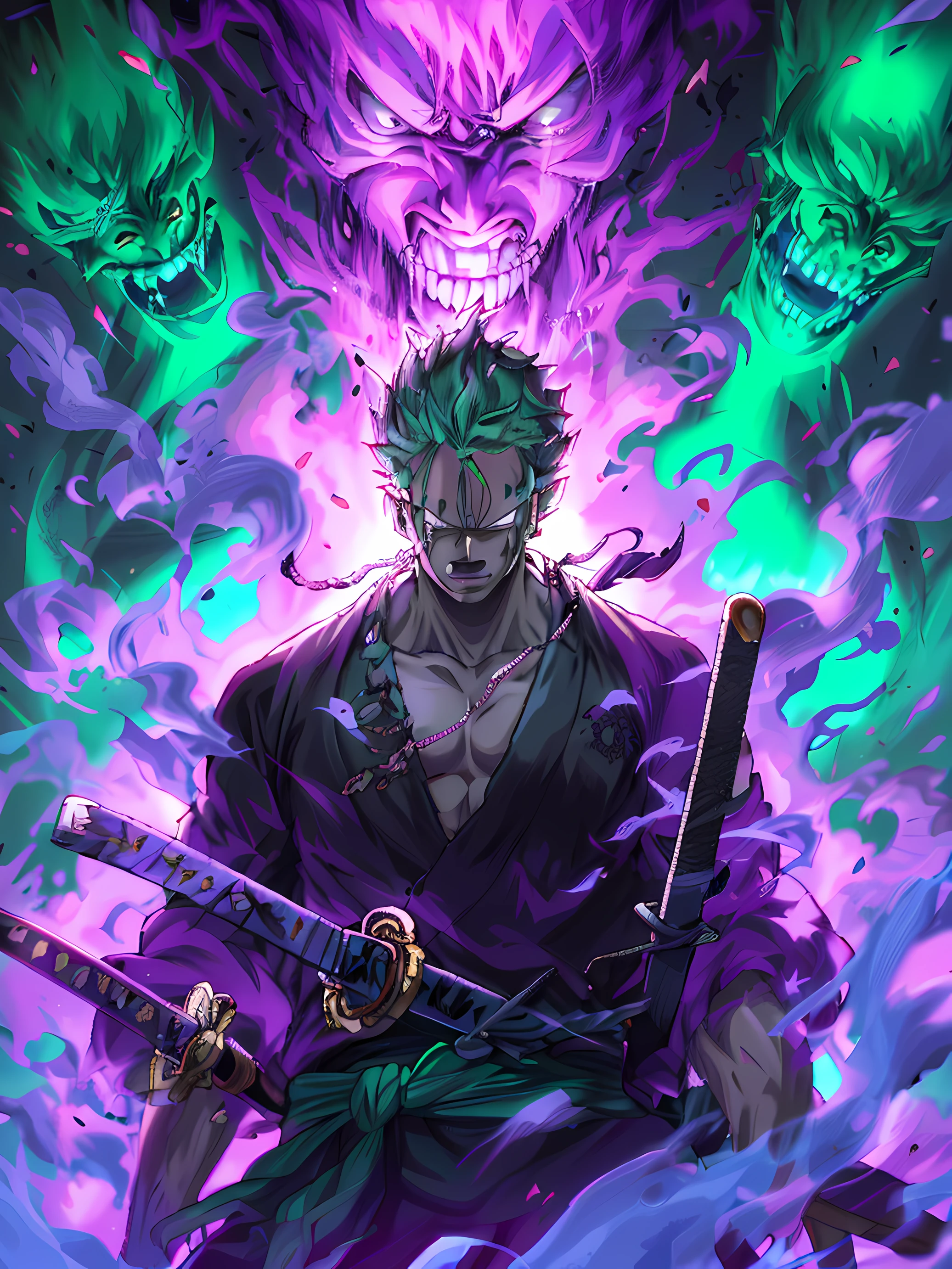 a closeup of a person holding two swords in front of a demon, badass anime 8 k, Roronoa Zoro, cara bonito em demon slayer art, Anime Wallpaper 4k, 4k anime wallpapers, 4 k manga wallpaper, Anime Art Wallpaper 4K, Anime Art Wallpaper 4K, Anime wallpapers 4k anime art, estilo anime 4K, distancia  do zoro,  Passing a 4K dragon behind him.