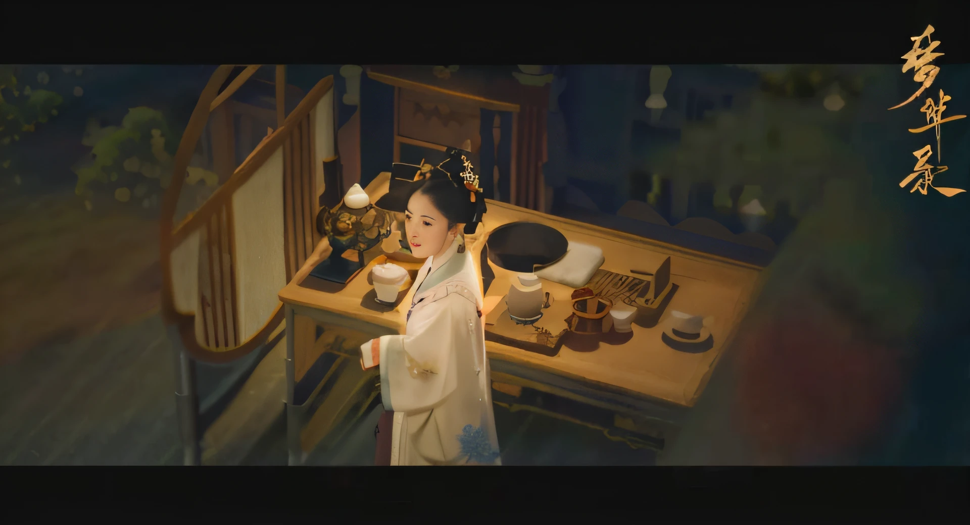 Image of Araved of a woman in a white dress standing in front of a table, Palace , A girl in Hanfu, inspired by Shin Saimdang, inspired by Yun Du-seo, inspired by Tang Yin, inspired by Gu An, Inspired by Ma Yuan, inspired by Zhan Ziqian, Hanfu, inspired by Chen Yifei