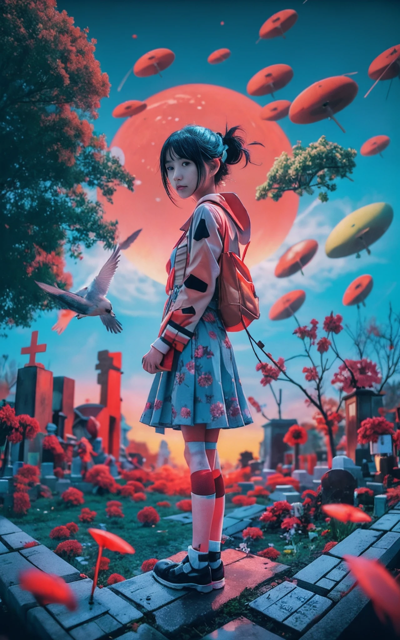  in a lonely Japan standing in a cemetery、With a sad face、Sun on background、Countless blood splashes fly in the sky、Film Poster Artist Makoto Aida vs JAPAN SNS Community. Japan horror style, 4K, Bird flying in the sky and woman standing on platform, beeple and james jean, style hybrid mix of beeple, Beeple Style, recusion beeple, in style of beeple, beeple daily art, beeple. Hyper-Realism, beeple art, cinematic beeple, Realism | beeple