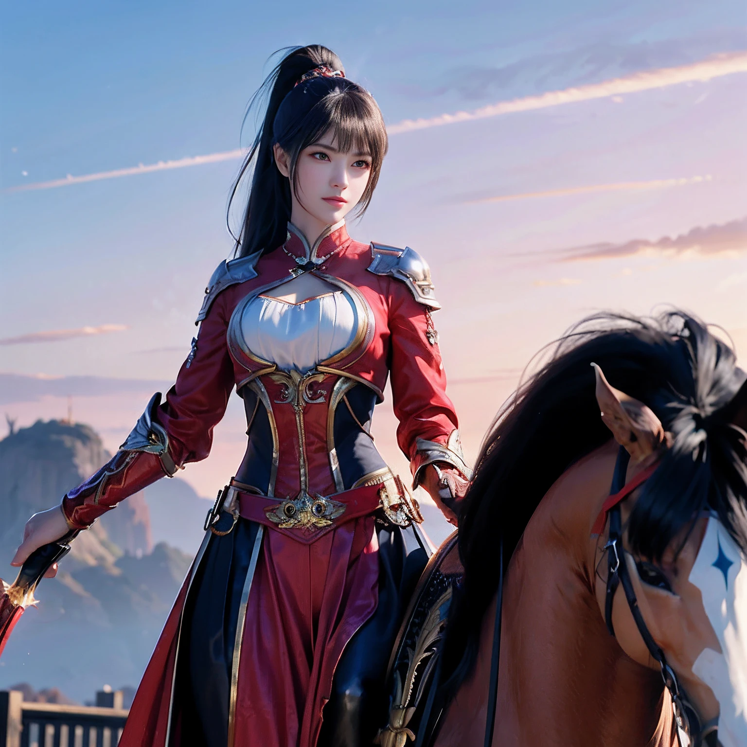 There was a woman on a horse，Holding a sword in hand, Ruan Jia and Artgerm, Artgerm and Ruan Jia, 2. 5 D CGI anime fantasy artwork, by Yang J, alena aenami and artgerm, cgsociety and fenghua zhong, Artgerm and Atey Ghailan, lady in red armor