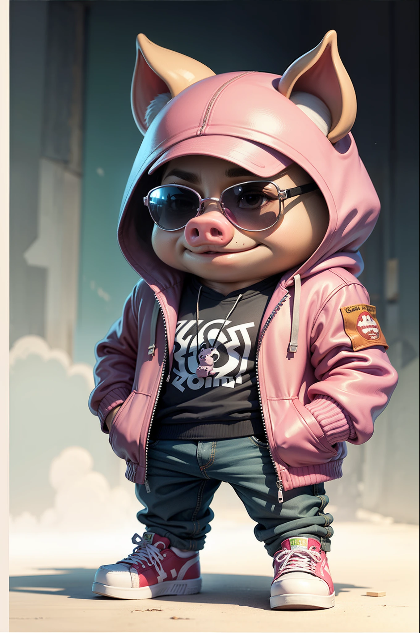 C4tt4stic, Cartoon pink pig in jacket and skateboard, Sunglasses,