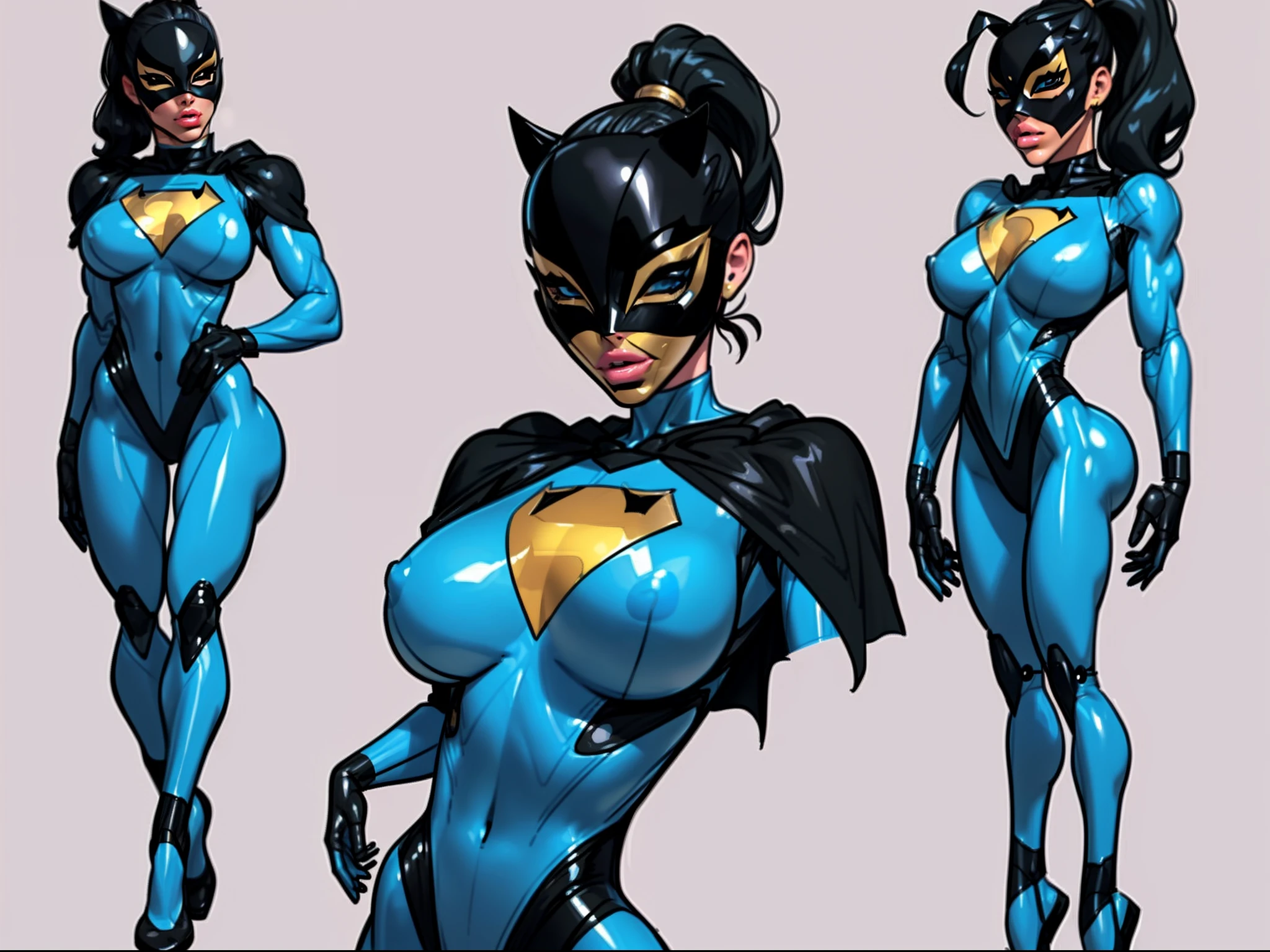 ((masterpiece)),(((best quality))),((character design sheet)), ((full body view)) illustration,1girl, muscular, ((blue bodysuit:1.6)), (masked over eyes:1.6) (black mask:1.6) superhero, (black ponytail:1.4), (puffy lips:1.6) (black cape:1.4) beautiful woman, (small breasts:1.3)(black legs:1.3)shiny skin, (gold emblem on chest:1.2),scribbles and marks, rough sketches, pose, 8k,16k, (simple background, white background: 1.3)(gigantic breasts:1.0)