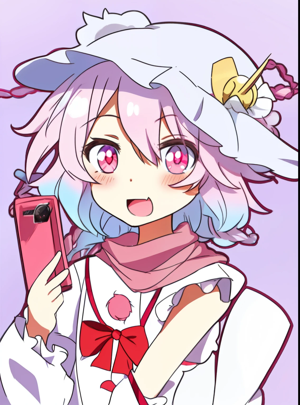 Anime boy wearing pink hat holding red vintage telephone,The red-framed eye is covered with the left eye,Pink blue gradient hair,There is a small braid,Wearing a profiled scarf, 2 d anime style, 2d anime, touhou character, zerochan, wataru kajika, akiyuki shinbo, Loli, booru, discord pfp, konachan, senko-san, from touhou, Also, nagito komaeda, shirabii