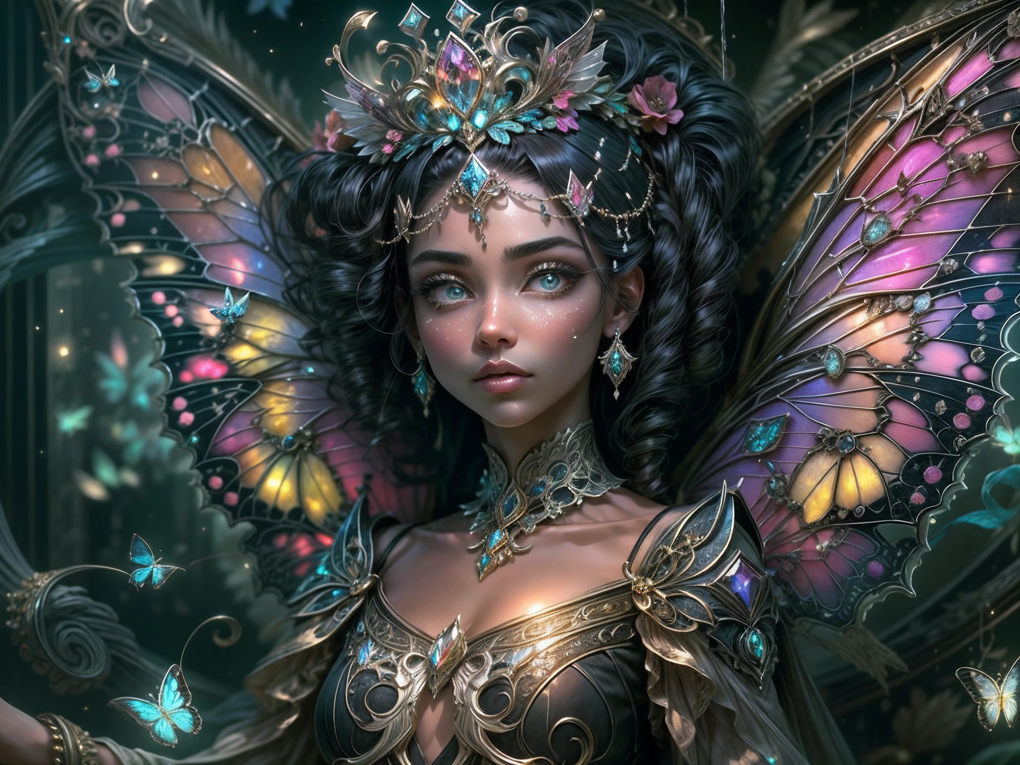 This is a realistic fantasy masterpiece with lots of shimmer, glitter, and intricate ornate detail. Generate one ite woman with a beautiful and delicate crown sitting on a garden swing at night. She is a beautiful and seductive butterfly queen with stunning curly black hair, (((incredibly realistic and detailed dynamic eyes in bright colors with realistic shading))). Her skin is translucent white, her eyes sparkle, and her dress is elegant. Her dress is spun of the finest gossamer silk with delicate, intricate, and subtle floral detailing and gold silk butterfly sleeves. Her face is lovely and lonely. Include glow-in-the-dark flowers, lots of particles, highly realistic fantasy butteflies with translucent jewel-toned wings and fine detailing, and glow. The artwork is done in the style of Guviz and brings to mind masters in the genre such as trending fantasy works on Artstation and Midjourney. Camera: Utilize dynamic composition techniques to emphasize etherealness and delicate detail.