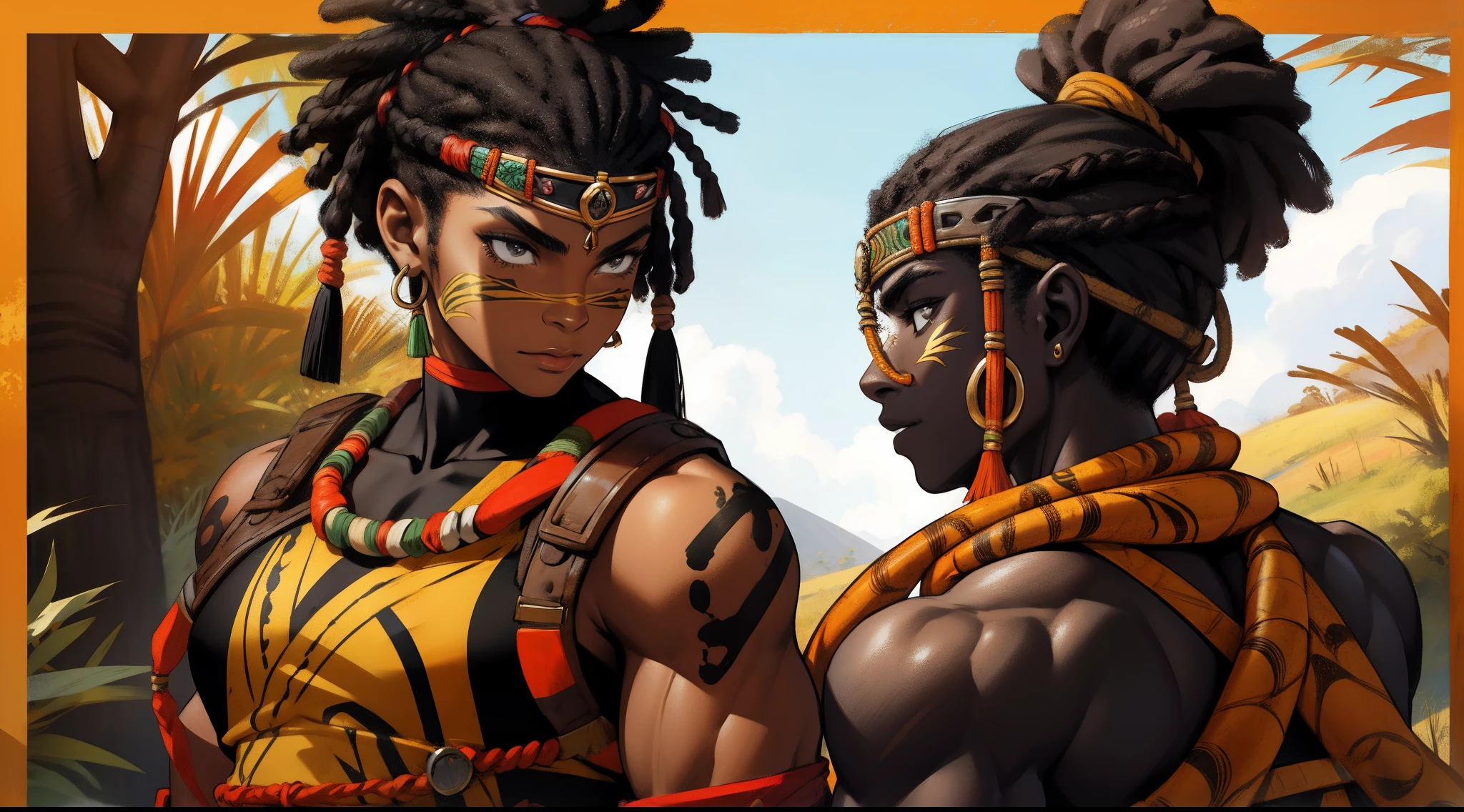 ((African warrior woman) + muscle + (black skin) + savanna)