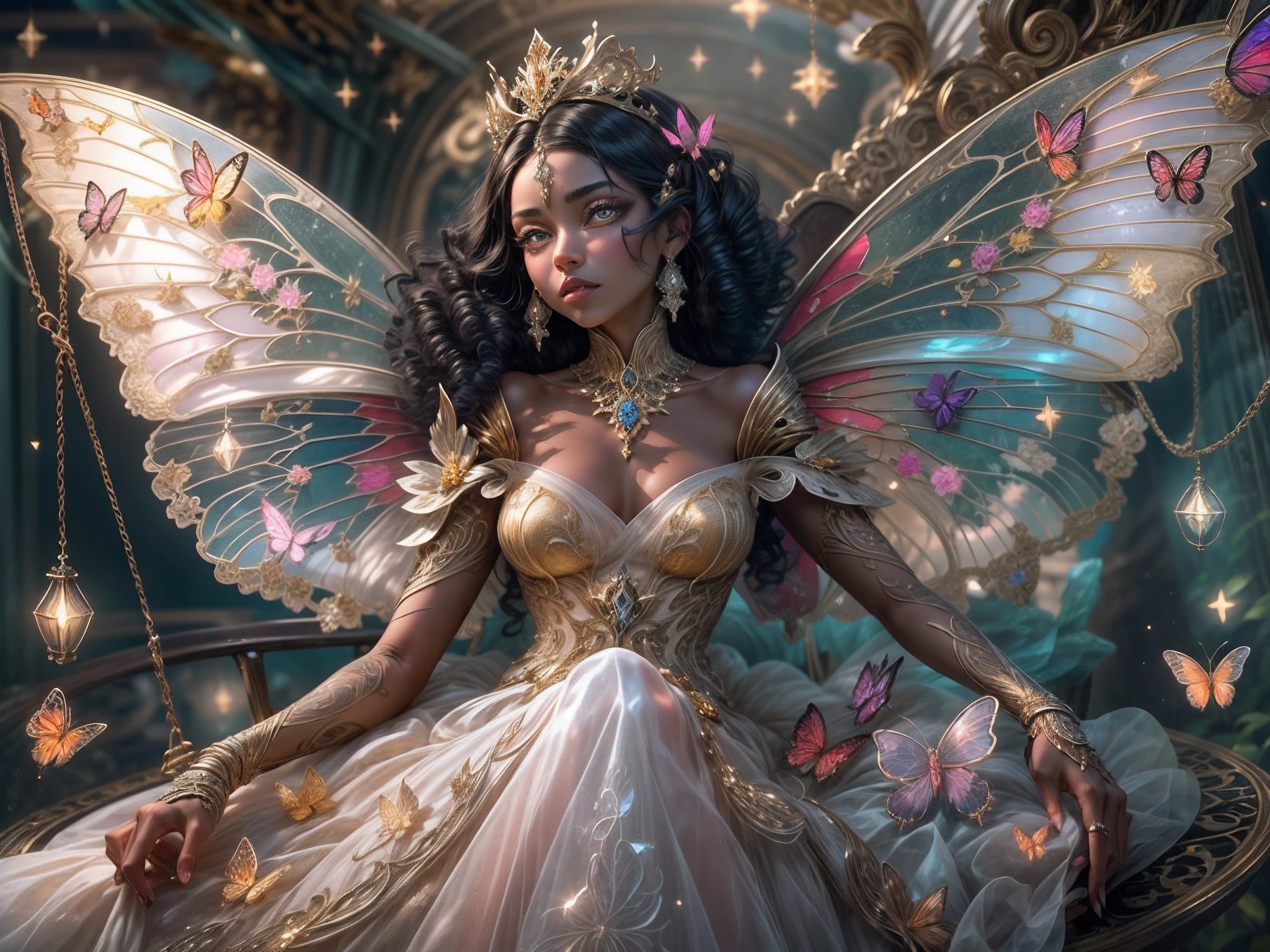 This is a realistic fantasy masterpiece with lots of shimmer, glitter, and intricate ornate detail. Generate one petite woman with a beautiful and delicate crown sitting on a garden swing at night. She is a beautiful and seductive butterfly queen with stunning curly black hair, (((incredibly realistic and detailed dynamic eyes in bright colors with realistic shading))). Her skin is translucent white, her eyes sparkle, and her dress is elegant. Her dress is spun of the finest gossamer silk with delicate, intricate, and subtle floral detailing and gold silk butterfly sleeves. Her face is lovely and lonely. Include glow-in-the-dark flowers, lots of particles, highly realistic fantasy butteflies with translucent jewel-toned wings and fine detailing, and glow. The artwork is done in the style of Guviz and brings to mind masters in the genre such as trending fantasy works on Artstation and Midjourney. Camera: Utilize dynamic composition techniques to emphasize etherealness and delicate detail.