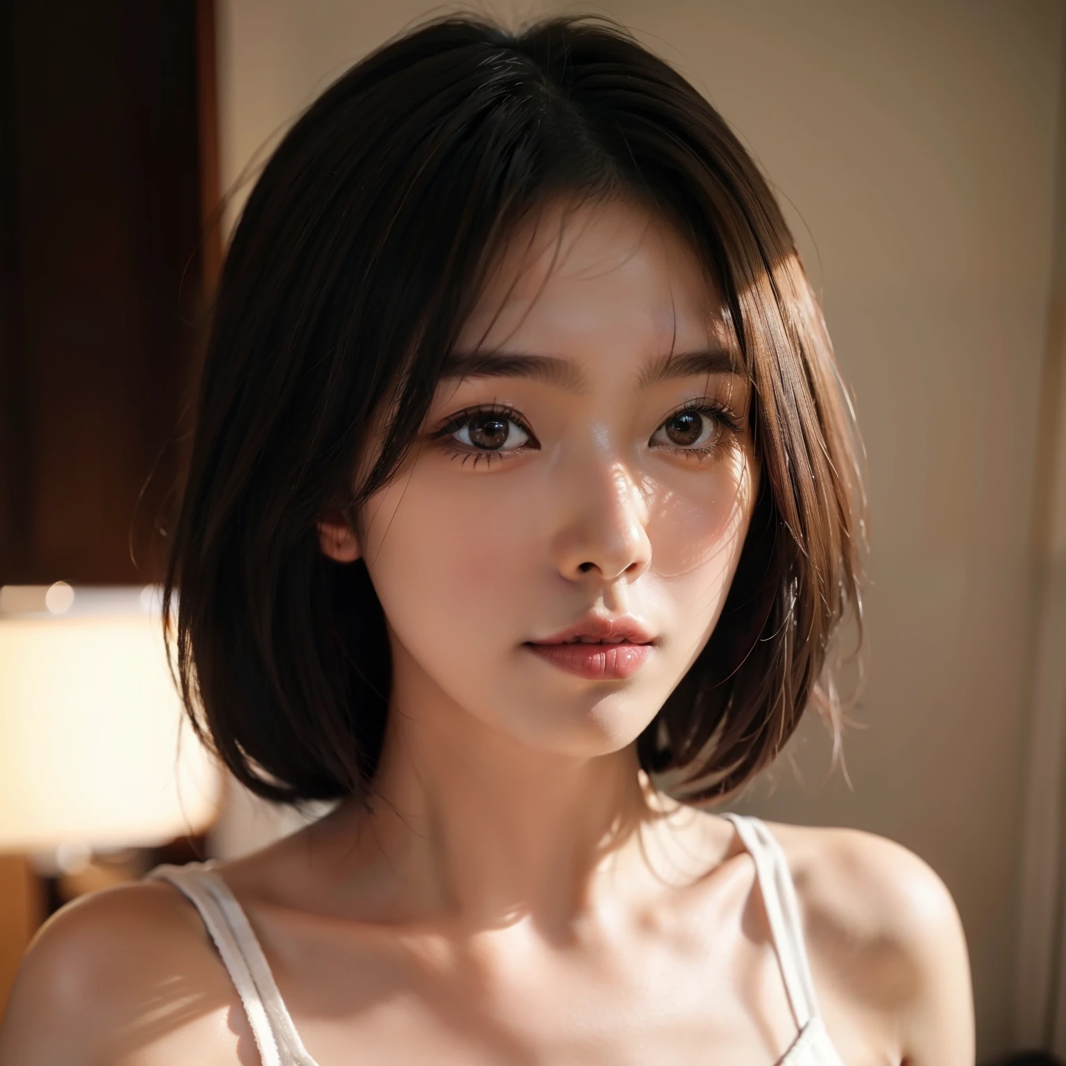 Soft lighting、Portrait of beautiful Japan woman、Soft light、bob、Brown hair、Shot with Sony α 7 III.、Portrait shot of idol、夏天