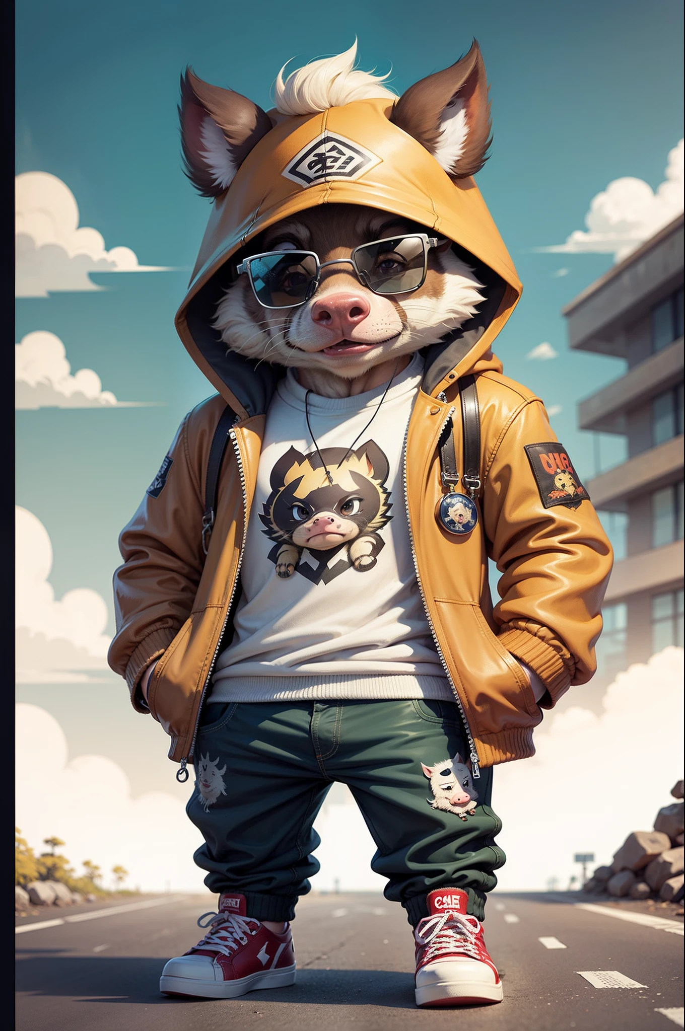 C4tt4stic, Cartoon boar in jacket and skateboard, Sunglasses,